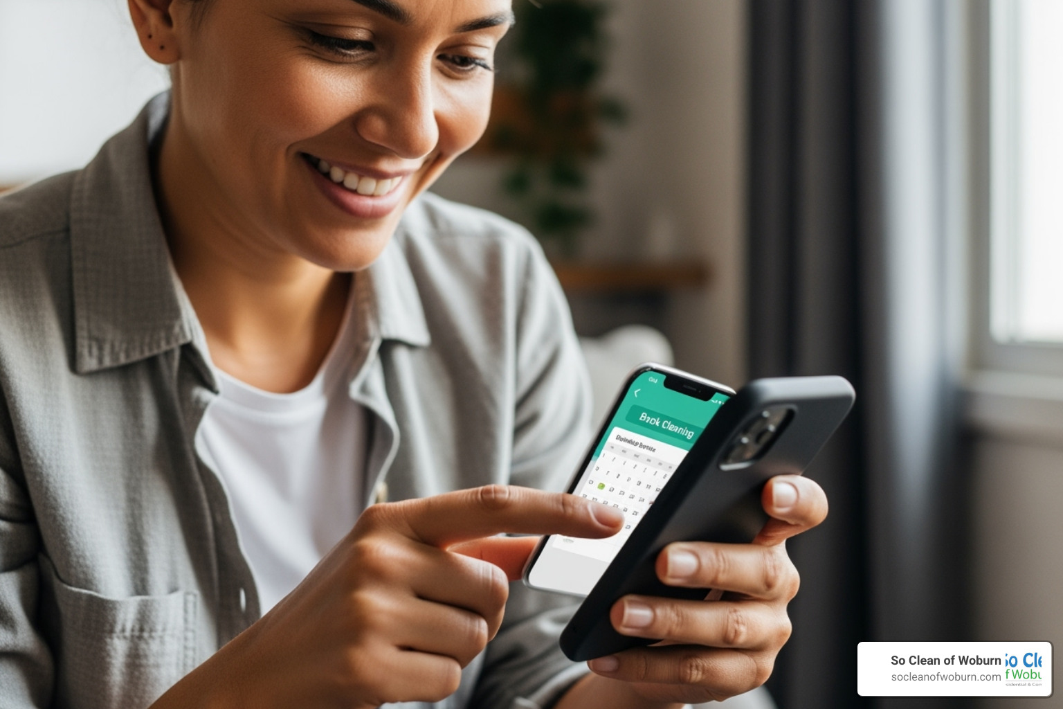 A person smiling while booking a cleaning service on their phone. - move in clean