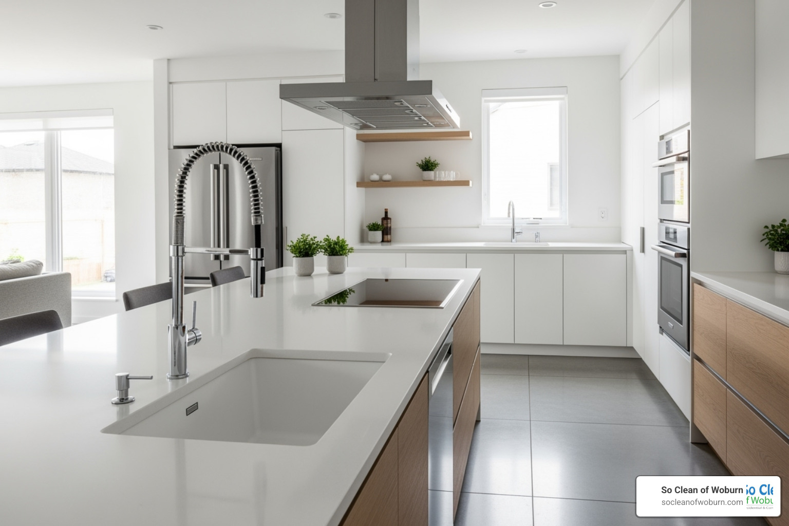 A pristine kitchen with gleaming countertops and appliances. - move in clean