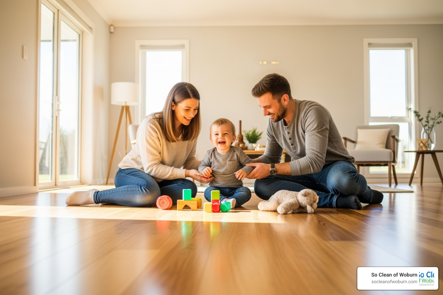 A family with a young child playing on a clean floor in their new home. - move in clean