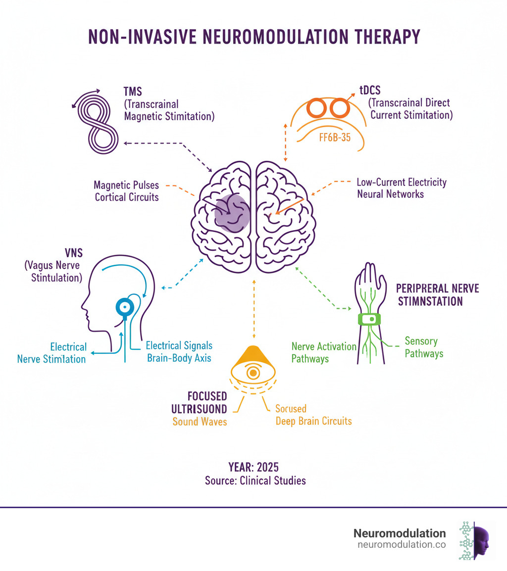 Comprehensive overview of non-invasive neuromodulation therapy techniques showing TMS coils targeting brain regions, tDCS electrodes on scalp, VNS device on neck, peripheral nerve stimulation on wrist, and focused ultrasound transducer, with arrows indicating energy delivery pathways to specific neural circuits and networks - non-invasive neuromodulation therapy infographic 