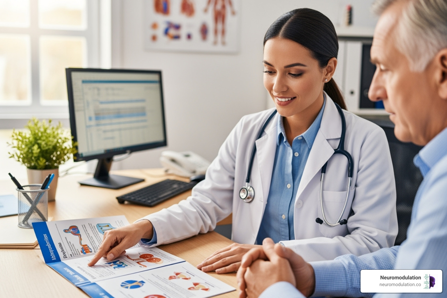 A compassionate clinician discussing various treatment options, including non-invasive neuromodulation therapies, with a patient in a medical office setting. The clinician is actively listening and pointing to informational materials to explain the benefits and potential side effects - non-invasive neuromodulation therapy
