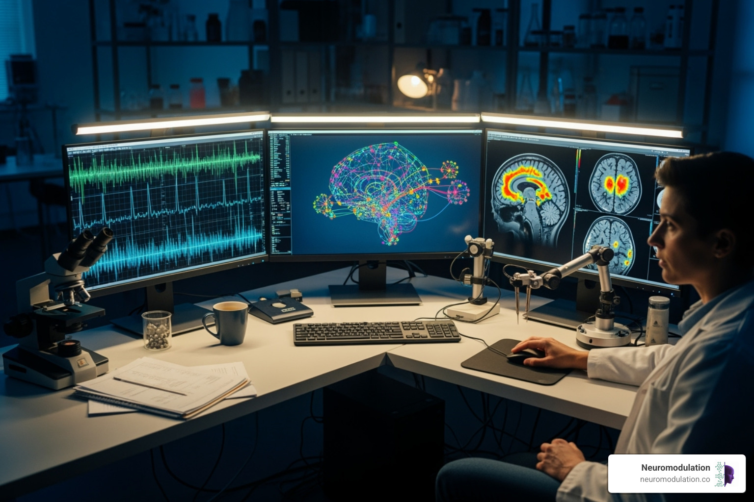 A researcher sits at a desk, intently analyzing complex brain data visualizations on multiple computer screens, surrounded by scientific equipment. The screens display intricate neural network maps, EEG waveforms, and fMRI scans, representing the cutting-edge work in understanding and optimizing brain treatments - non-invasive neuromodulation therapy