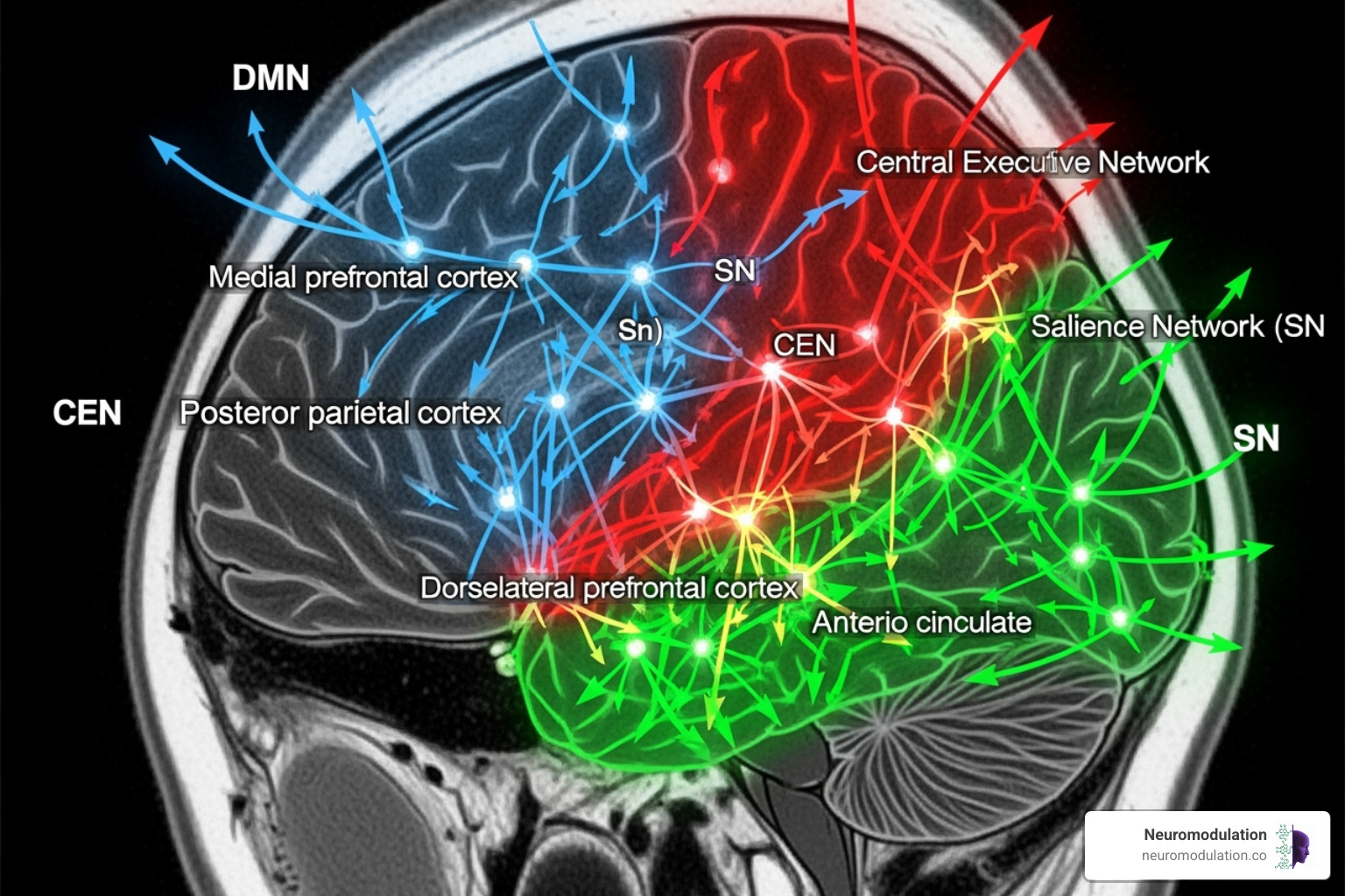 Detailed brain scan image highlighting major intrinsic connectivity networks such as the Default Mode Network (DMN), Central Executive Network (CEN), and Salience Network (SN), with arrows indicating functional connections and hubs within these networks - non-invasive neuromodulation therapy