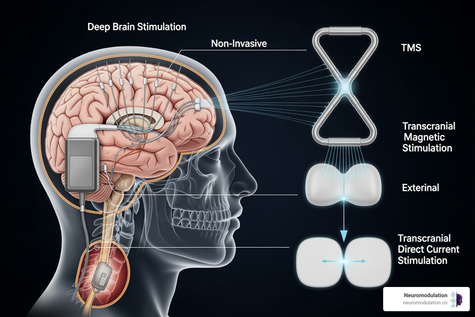 Diagram illustrating the difference between invasive neuromodulation (e.g., Deep Brain Stimulation with implanted electrodes and pulse generator) and non-invasive neuromodulation (e.g., Transcranial Magnetic Stimulation with an external coil and Transcranial Direct Current Stimulation with scalp electrodes), showing the external nature of non-invasive approaches - non-invasive neuromodulation therapy