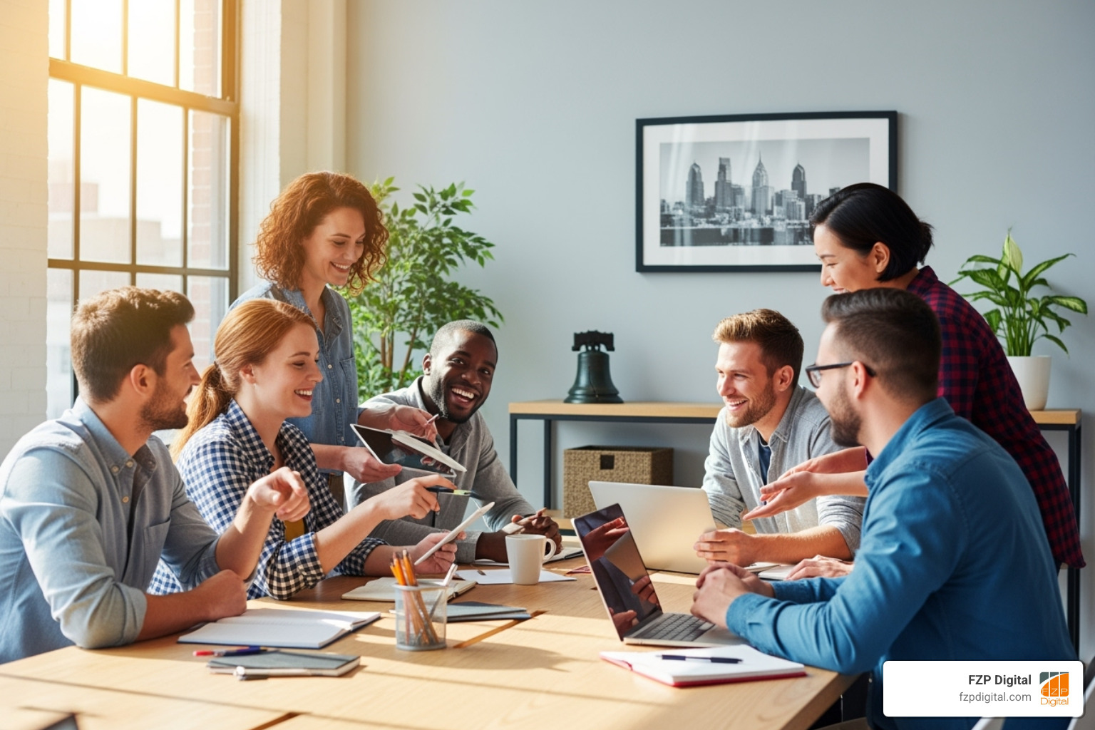 a team collaborating in a modern office space with Philadelphia decor - WordPress developer Philadelphia