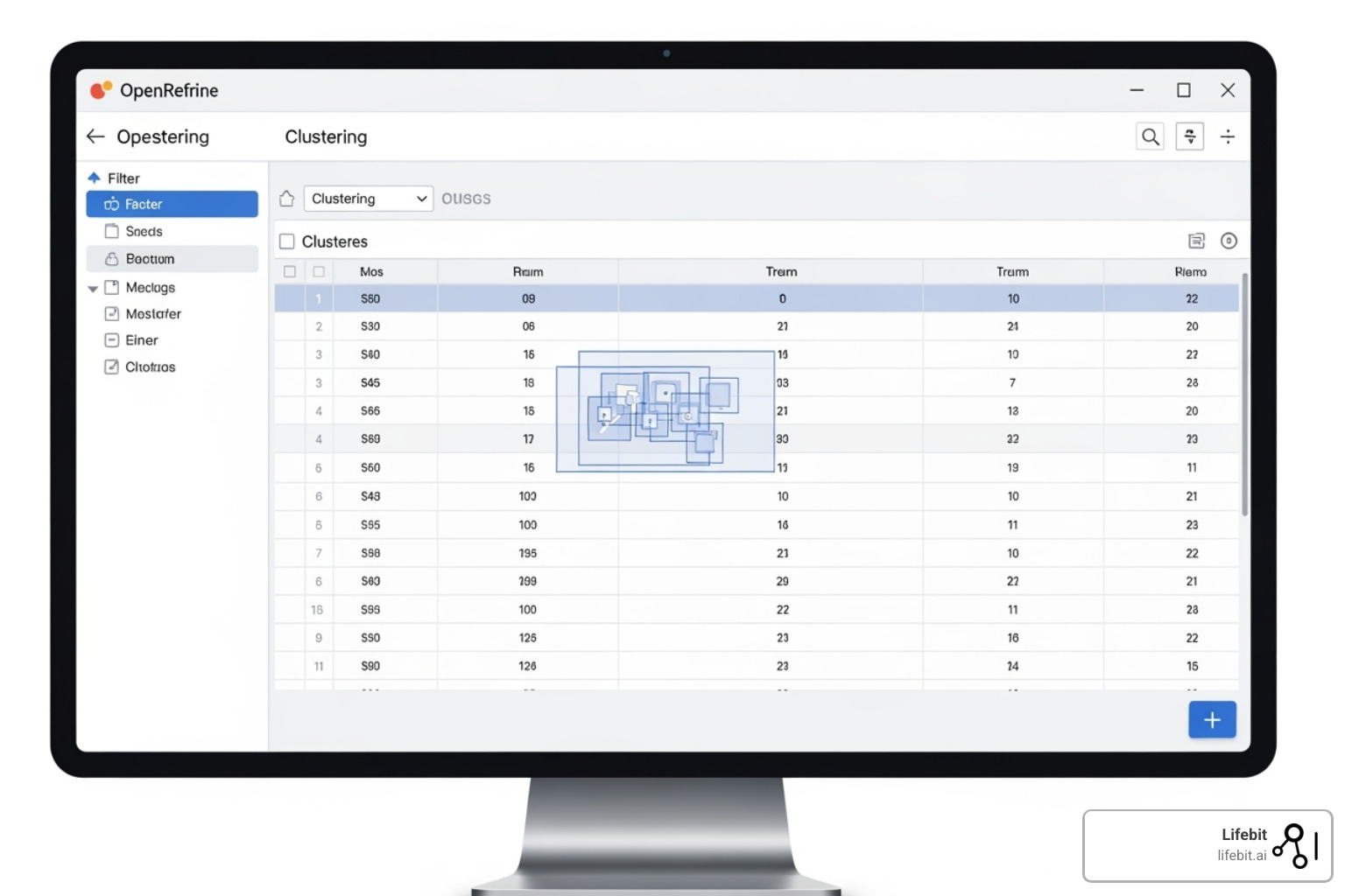 OpenRefine user interface showing a dataset with columns, filters, and a clustering operation in progress to consolidate similar values - data matching software freeware