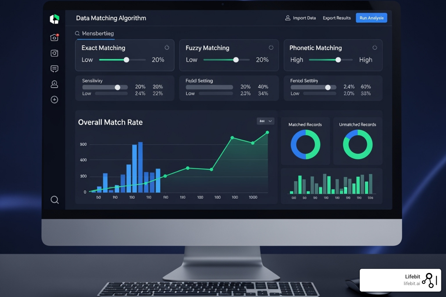 A software dashboard displaying various data matching algorithm options, including exact, fuzzy, phonetic, and custom rules, with adjustable sensitivity settings - data matching software freeware