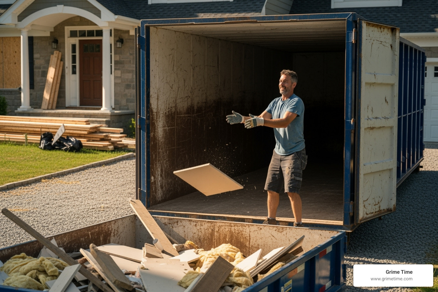 of a homeowner easily tossing debris into a roll-off dumpster during a renovation - cedar park residential dumpster rental of a homeowner easily tossing debris into a roll-off dumpster during a renovation - cedar park residential dumpster rental