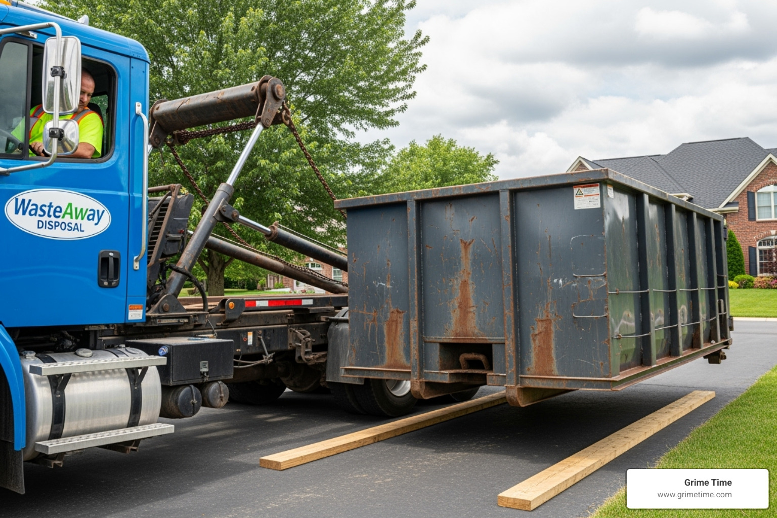 of a dumpster truck carefully placing a dumpster on protective boards in a driveway - cedar park residential dumpster rental of a dumpster truck carefully placing a dumpster on protective boards in a driveway - cedar park residential dumpster rental