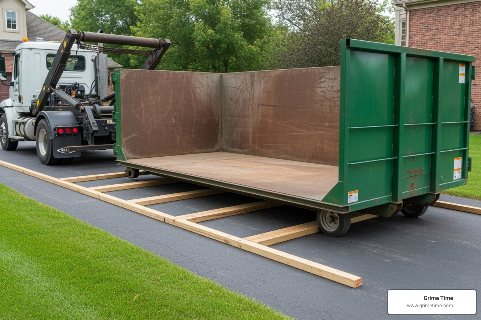 dumpster being delivered to a residential driveway with protective boards underneath - construction dumpster rental elgin tx