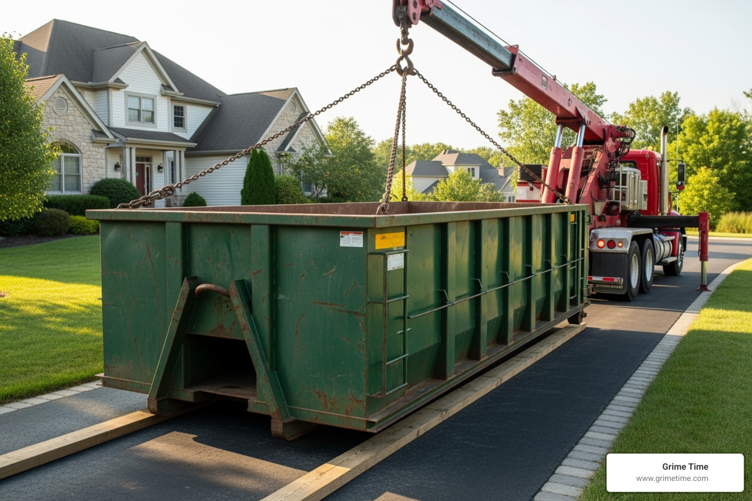 dumpster being carefully placed on wooden boards to protect a driveway - elgin roll off dumpster rental dumpster being carefully placed on wooden boards to protect a driveway - elgin roll off dumpster rental