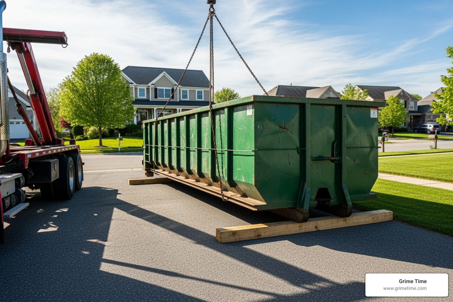 Dumpster being carefully placed on a driveway with protective boards - Dumpster rental Buda TX Dumpster being carefully placed on a driveway with protective boards - Dumpster rental Buda TX