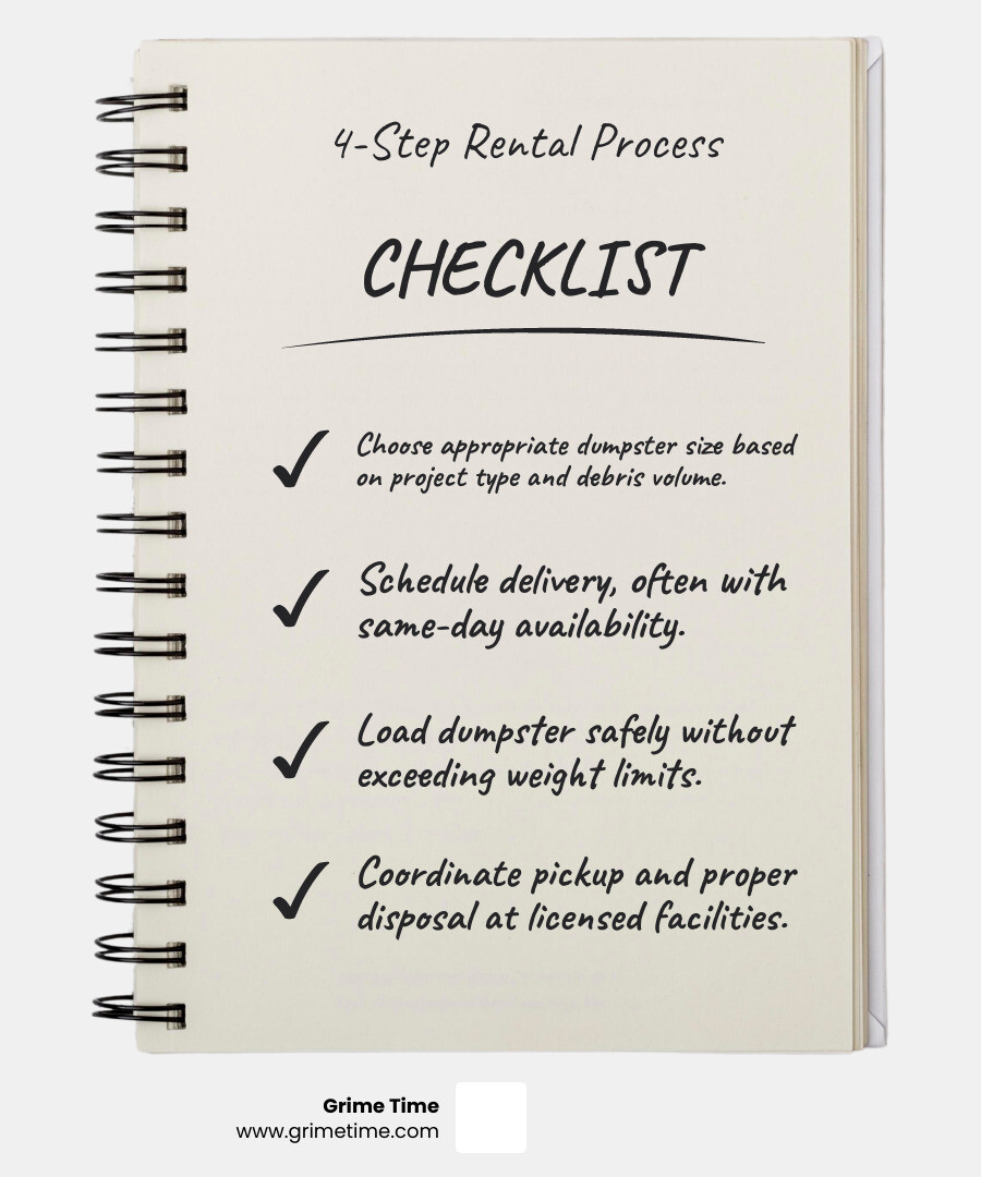 Commercial dumpster rental process infographic showing 4 steps: 1) Choose appropriate dumpster size based on project type and debris volume, 2) Schedule delivery with same-day availability, 3) Load dumpster safely without exceeding weight limits, 4) Coordinate pickup and proper disposal at licensed facilities - Dumpster rental Liberty Hill infographic checklist-notebook