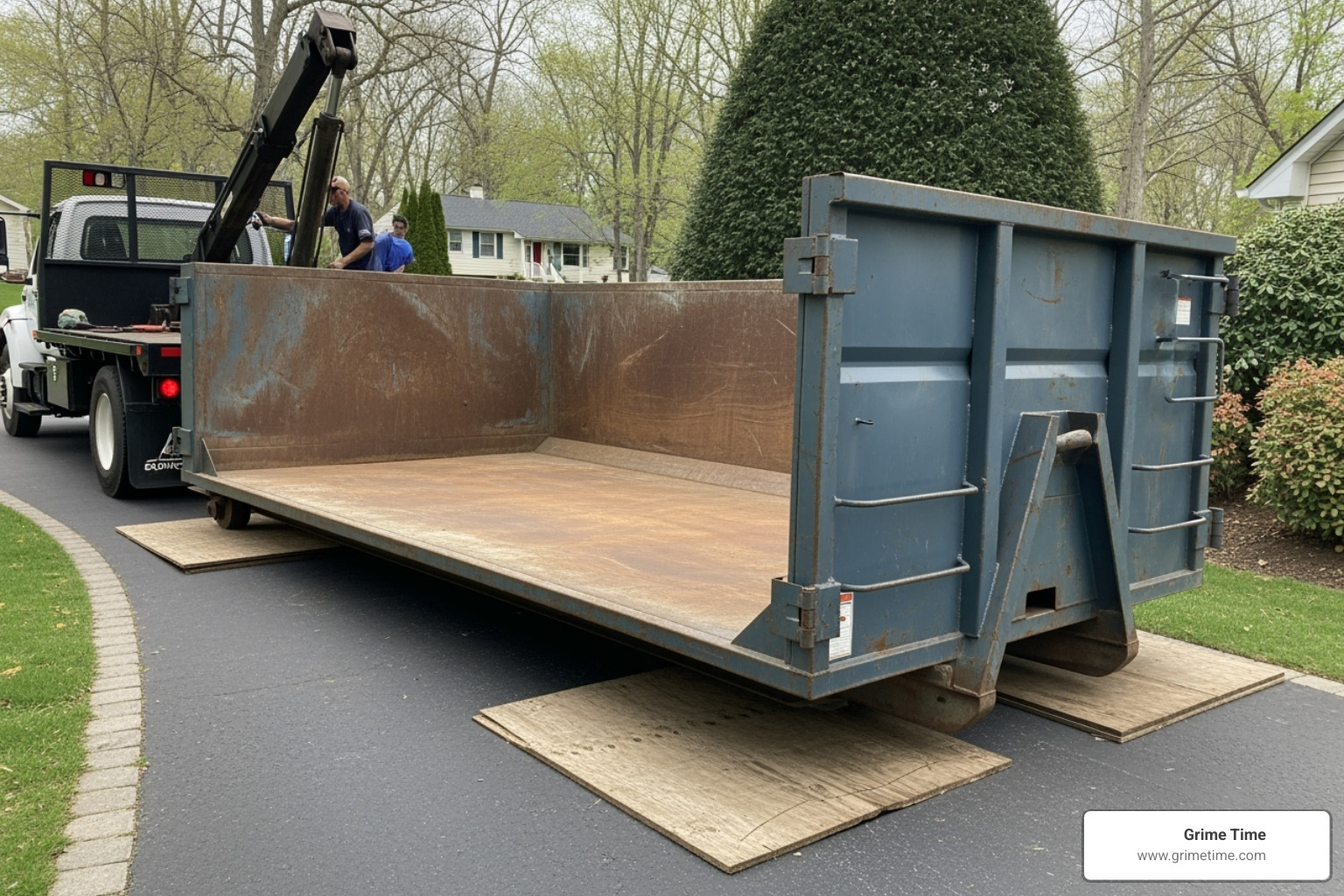 dumpster being carefully placed on a driveway with protective plywood underneath - contractors disposal