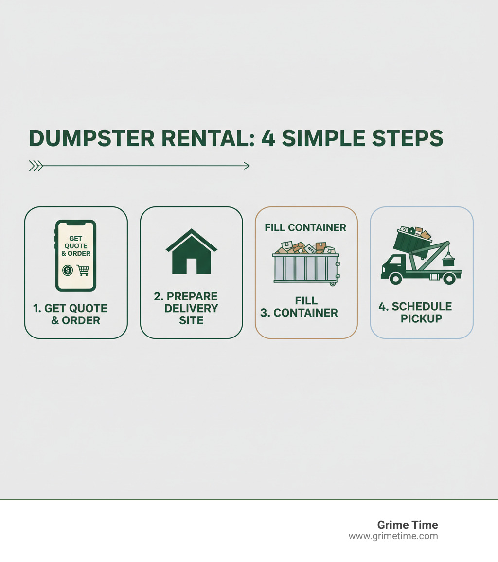 Infographic showing the 4-step dumpster rental process: Step 1 shows a phone with "Get Quote & Order" text, Step 2 displays a house with "Prepare Delivery Site" label, Step 3 illustrates a partially filled dumpster with "Fill Container" caption, and Step 4 shows a truck picking up a dumpster with "Schedule Pickup" text - order dumpster near me infographic 