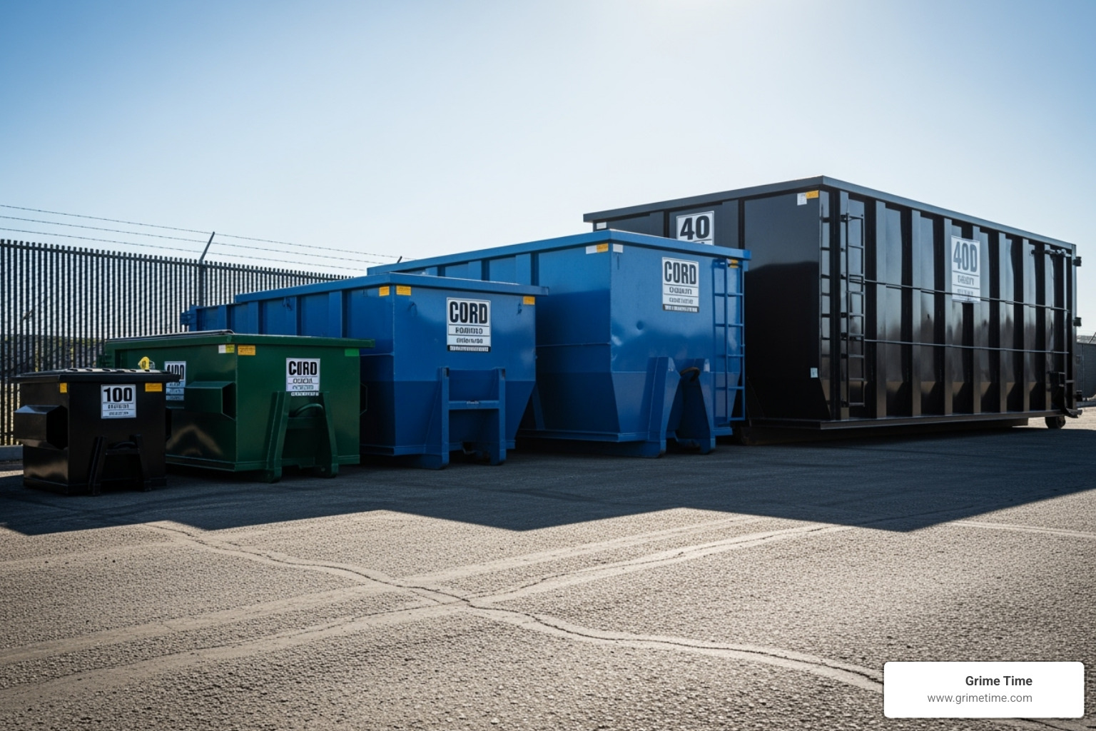 different sized roll-off dumpsters lined up on a paved surface - contractors disposal