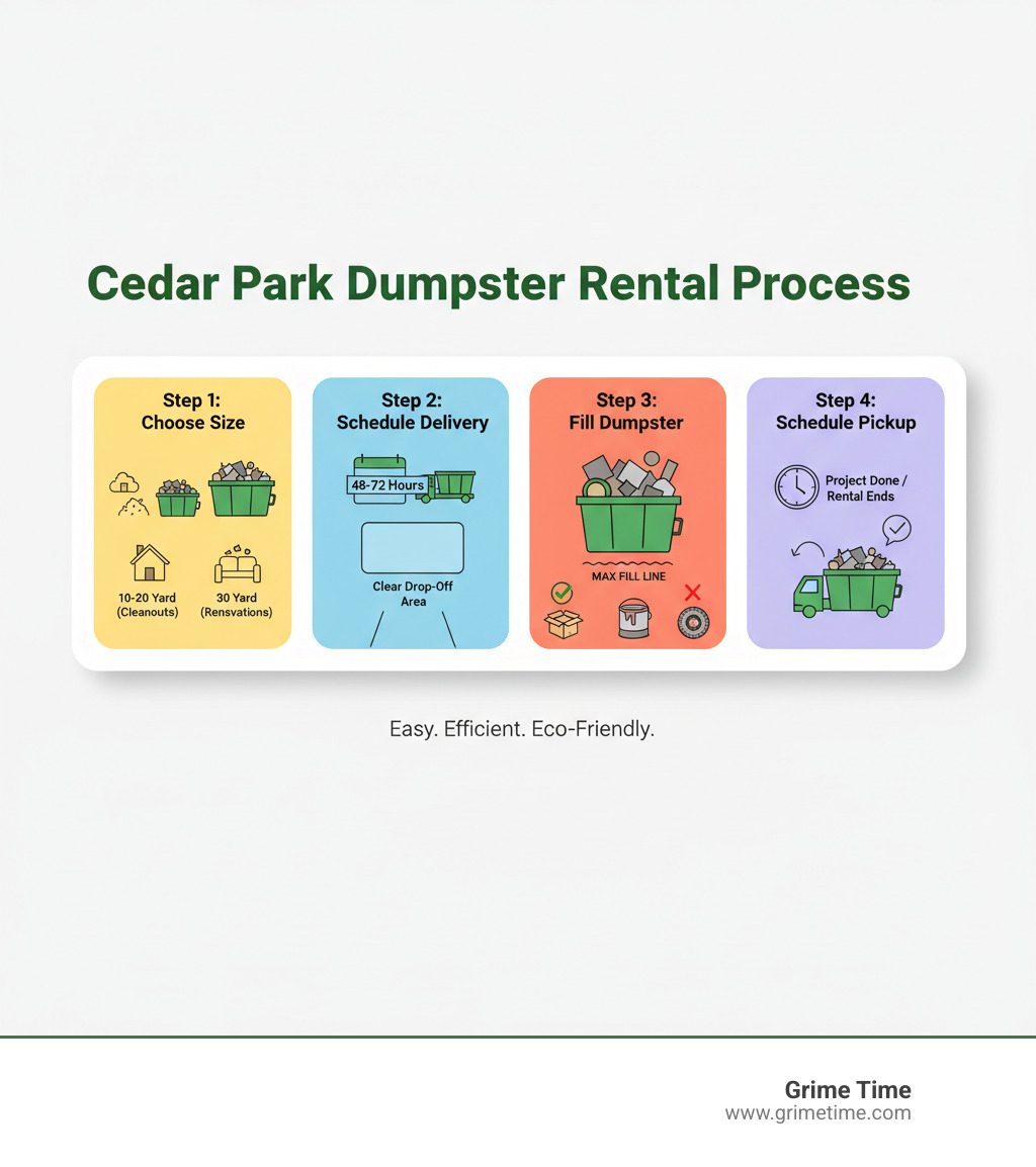 Infographic showing the 4-step Cedar Park dumpster rental process: Step 1 - Choose dumpster size based on project type and debris volume, Step 2 - Schedule delivery with 48-72 hour timeline and clear drop-off area, Step 3 - Fill dumpster with accepted materials staying below the rim, Step 4 - Schedule pickup when project is complete or rental period ends - cedar park dumpster rental infographic 