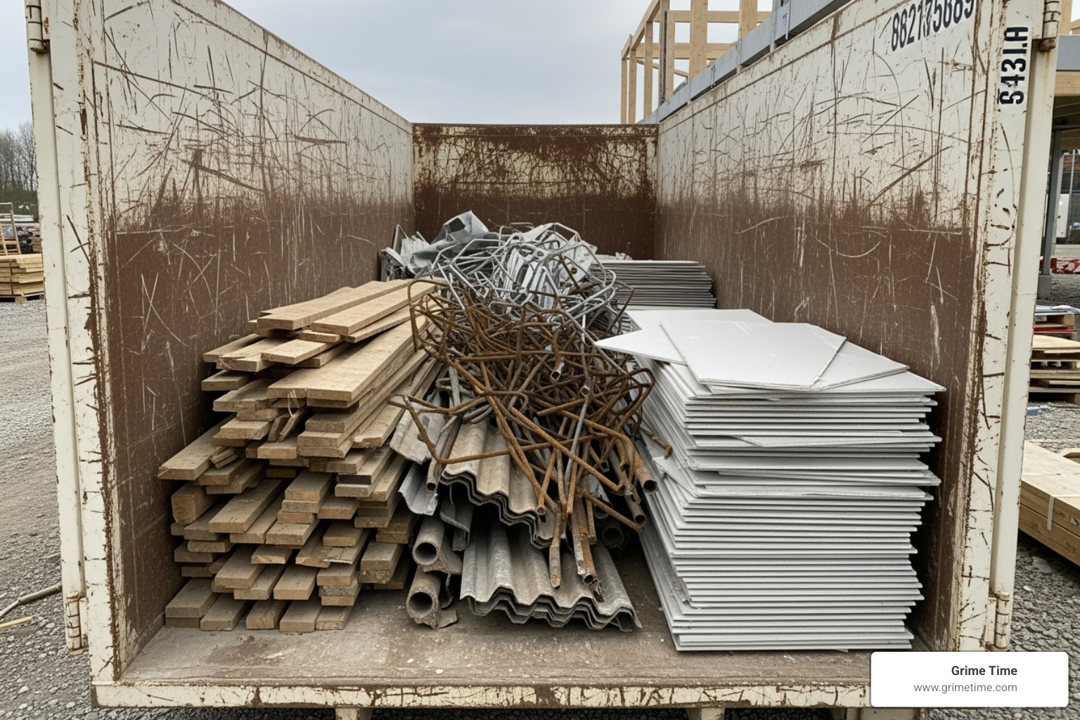 Image of sorted construction debris like wood, metal, and drywall inside a dumpster - cedar park construction dumpster rental Image of sorted construction debris like wood, metal, and drywall inside a dumpster - cedar park construction dumpster rental