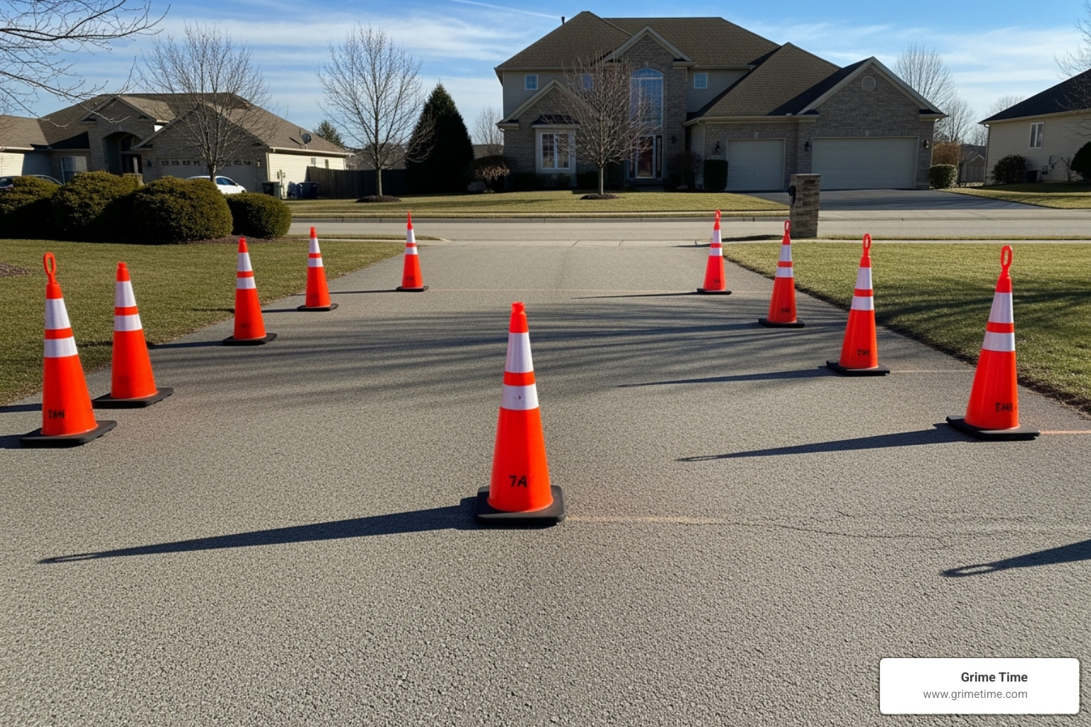 A clear driveway with orange safety cones marking the spot for dumpster placement, ready for delivery. - cedar park dumpster rental