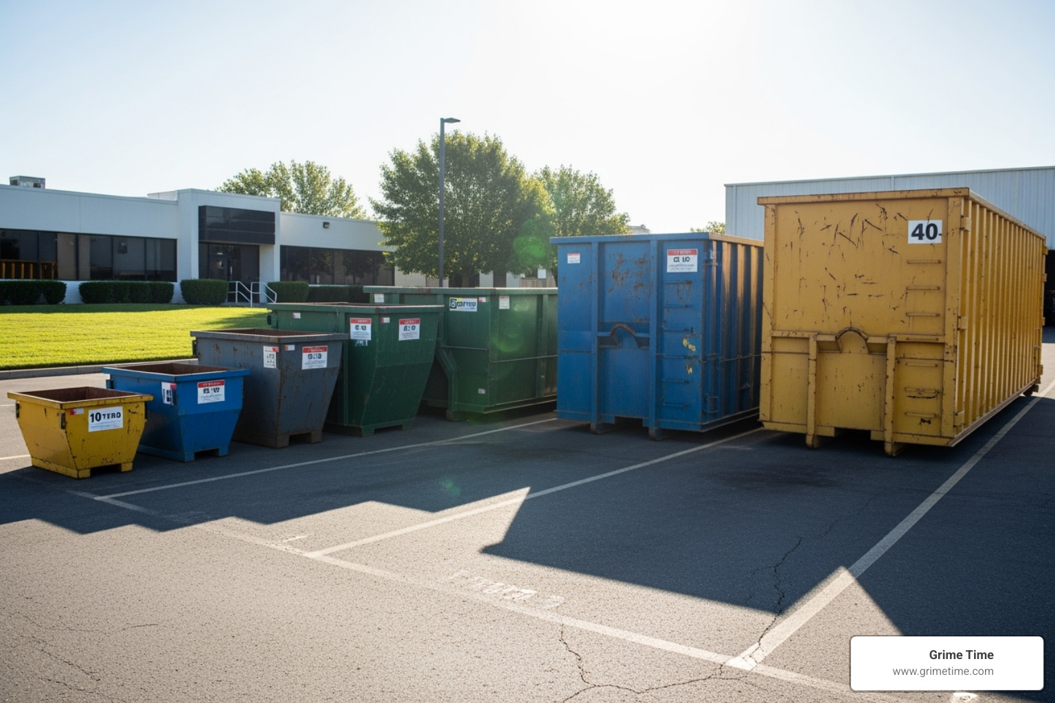 A lineup of different sized roll-off dumpsters, from small to large, in a clean and organized yard - order dumpster near me