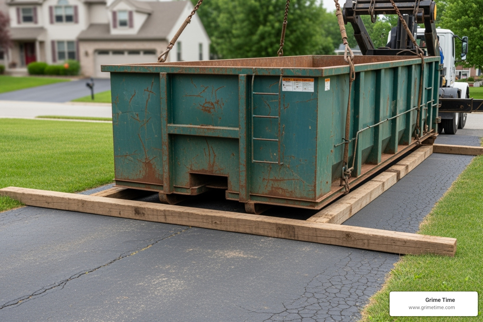 Image of a dumpster being carefully placed on a driveway with protective wooden boards underneath - cedar park construction dumpster rental Image of a dumpster being carefully placed on a driveway with protective wooden boards underneath - cedar park construction dumpster rental