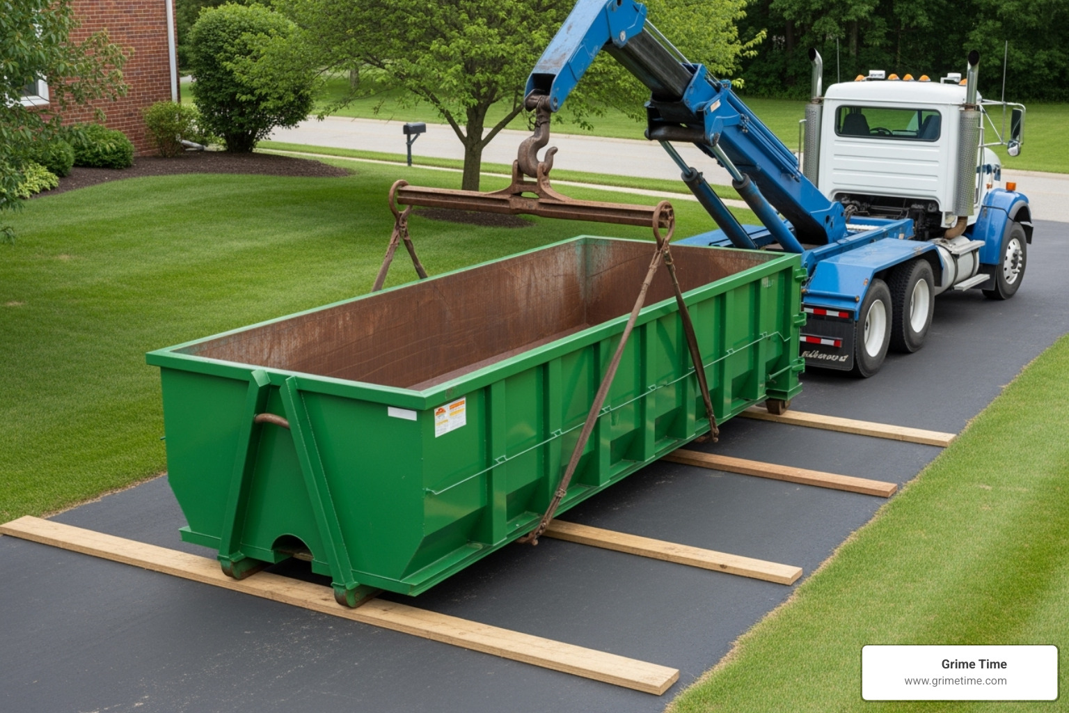 An image of a dumpster being gently placed on a driveway using a hook-lift truck, with wooden planks visible under the dumpster wheels for protection. - cedar park dumpster rental