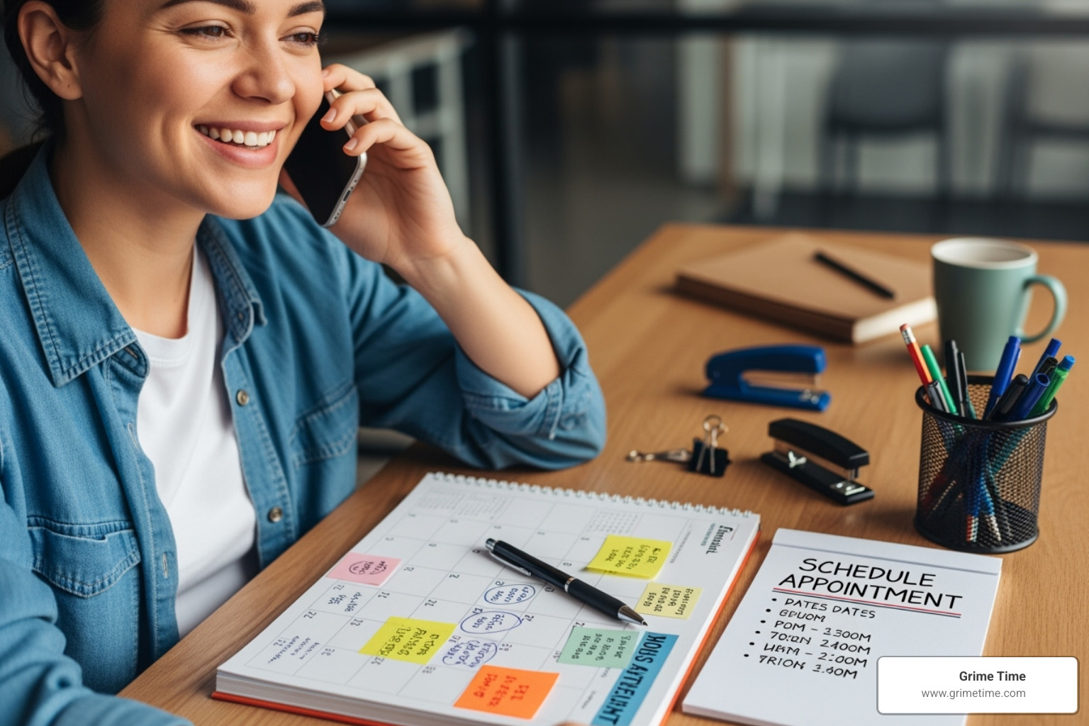 A person on the phone, smiling, with a calendar and notes beside them, indicating they are scheduling a dumpster delivery - order dumpster near me
