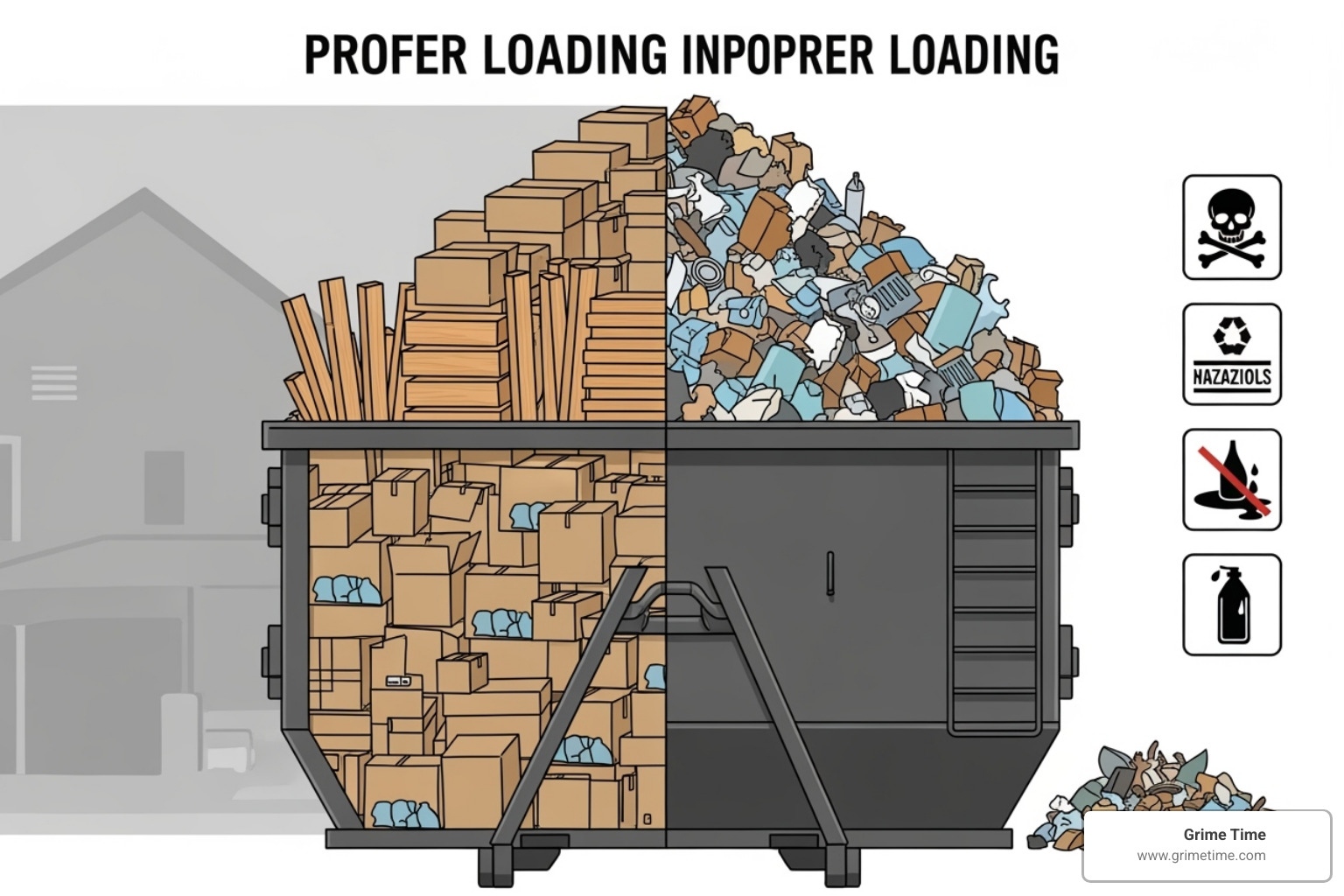 A graphic with two columns, one for "Do's" and one for "Don'ts" of dumpster rental, showing acceptable and prohibited items, and loading tips - order dumpster near me