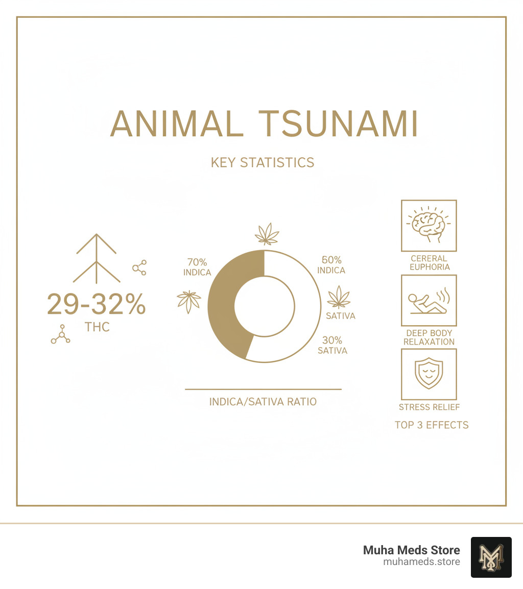 Infographic showing Animal Tsunami key statistics: 29-32% THC, 70% Indica/30% Sativa ratio, and top 3 effects - Cerebral Euphoria, Deep Body Relaxation, and Stress Relief - buy Animal Tsunami Strain infographic 