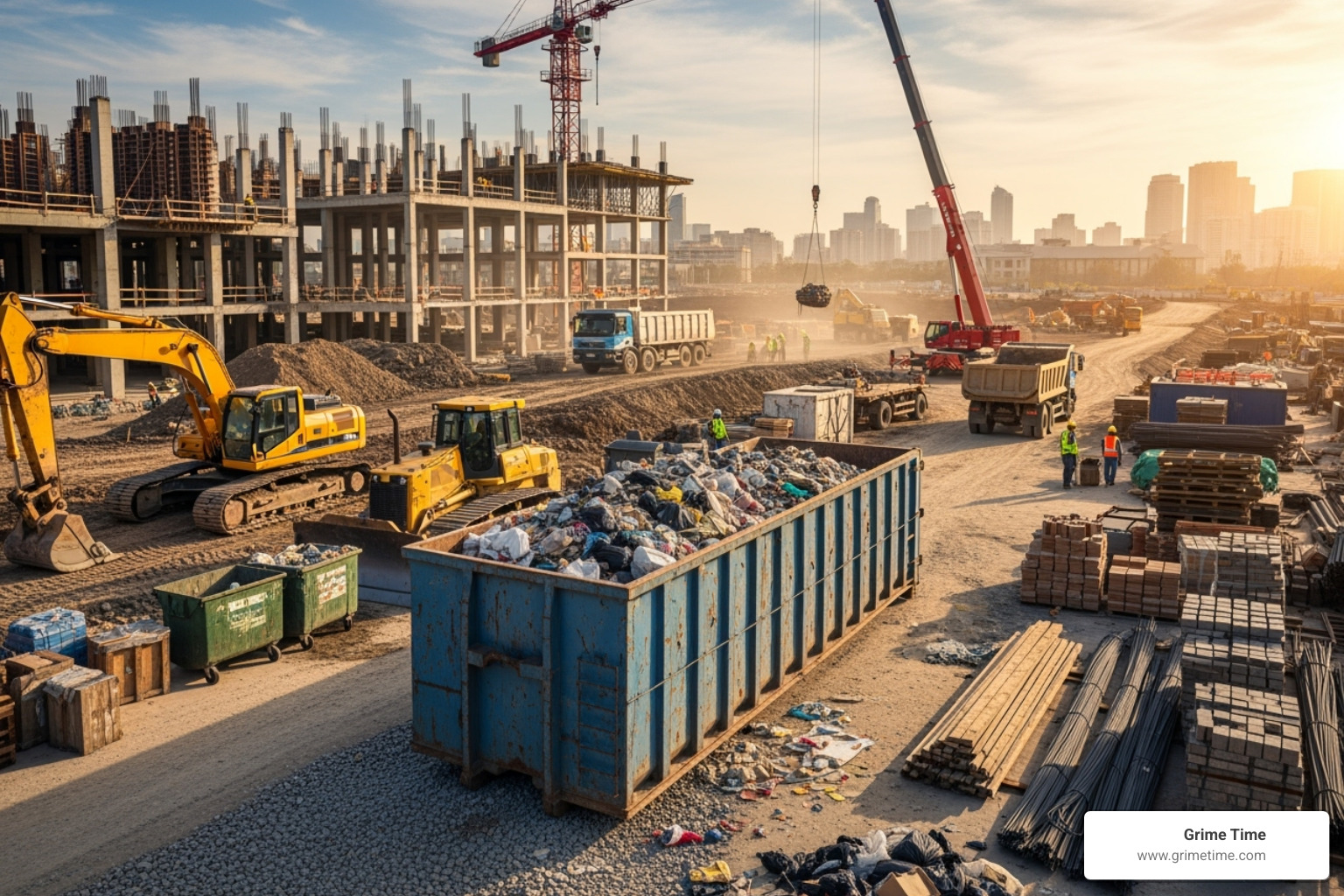 A large construction site with a roll-off dumpster prominently placed, surrounded by construction materials and equipment, signifying efficient waste management for large projects - order dumpster near me