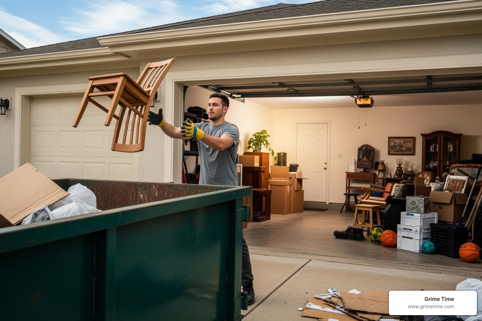 A homeowner easily tossing debris into a dumpster during a garage cleanout - elgin residential dumpster rental