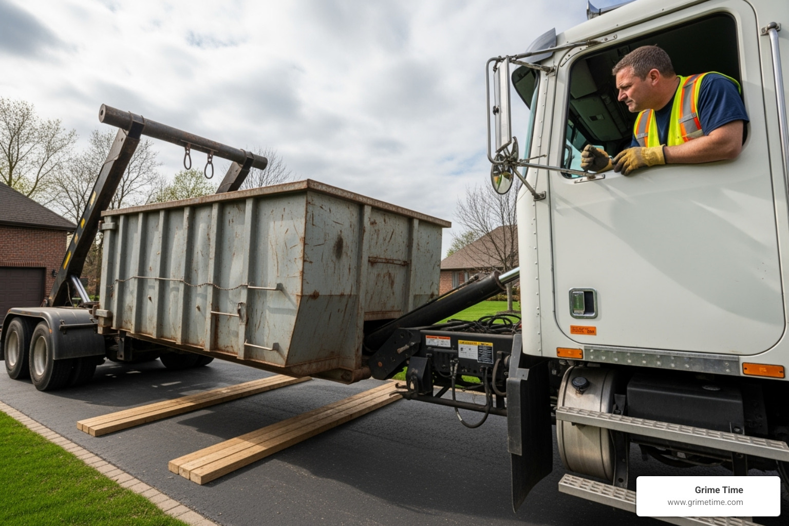 A dumpster delivery truck carefully placing a container on a driveway with protective boards - dripping springs tx roll-off dumpster rental