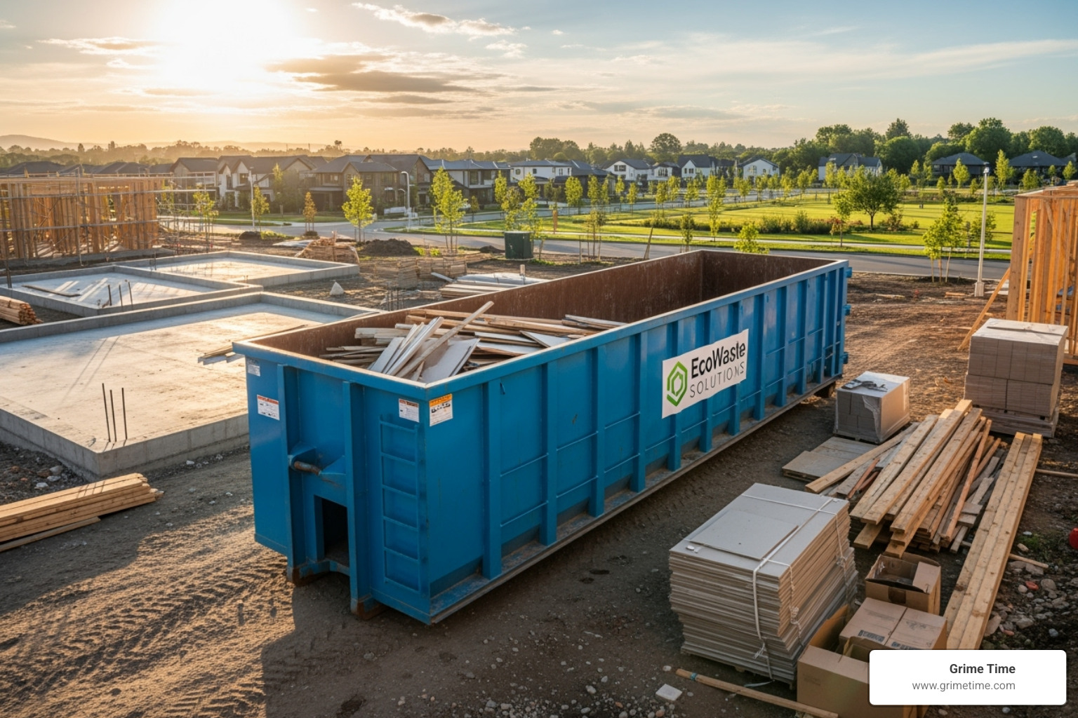 A clean, modern roll-off dumpster sits ready on a construction site, symbolizing efficient waste management in a growing community - dripping springs tx roll-off dumpster rental