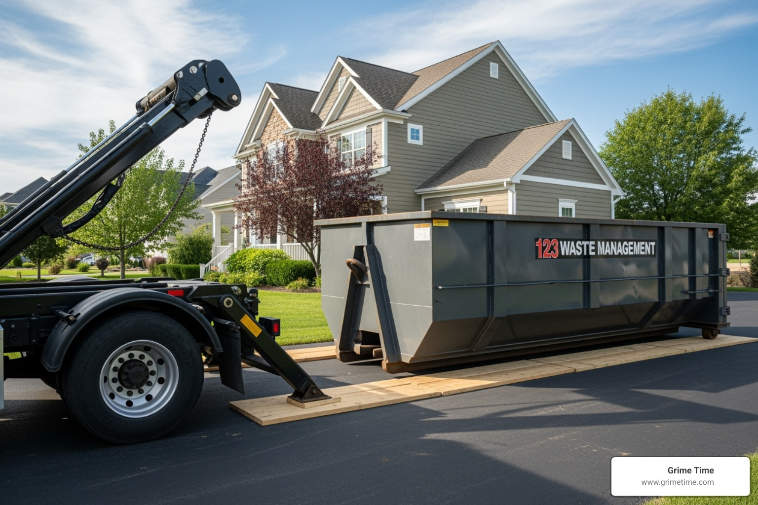 A roll-off truck carefully placing a dumpster on protective boards in a driveway - elgin residential dumpster rental