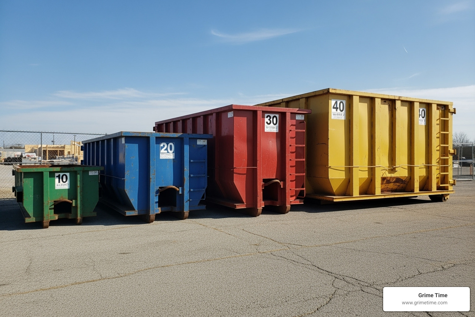 Various dumpster sizes (10, 20, 30, 40 yard) lined up for comparison - dripping springs tx roll-off dumpster rental
