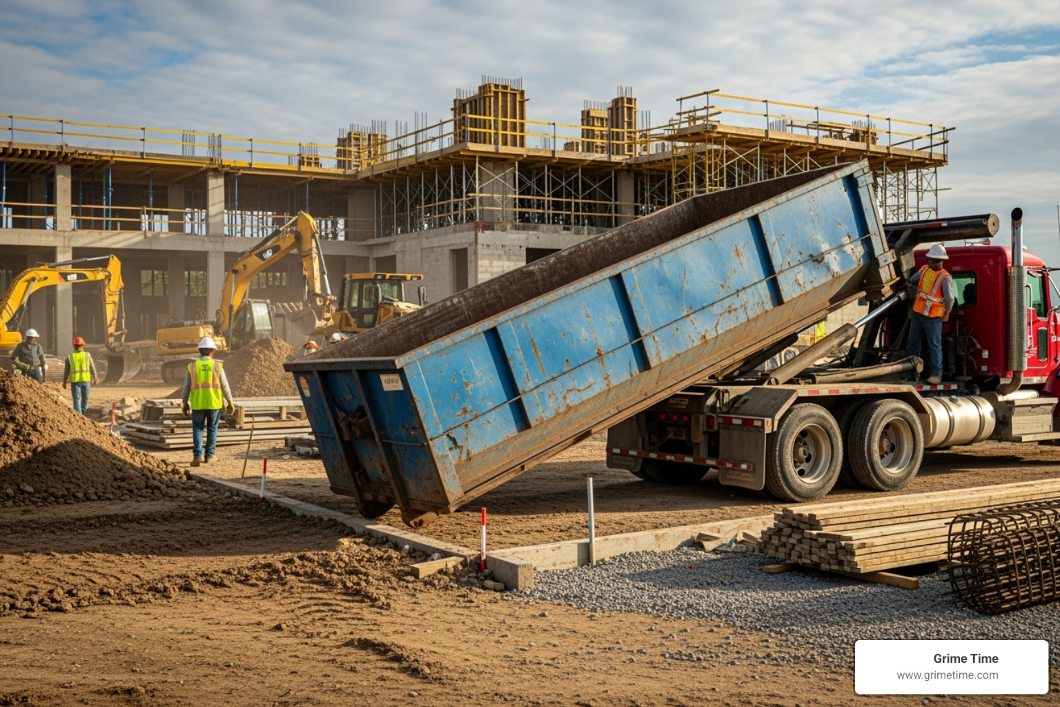 Dumpster being delivered to a construction site - construction dumpster rental elgin