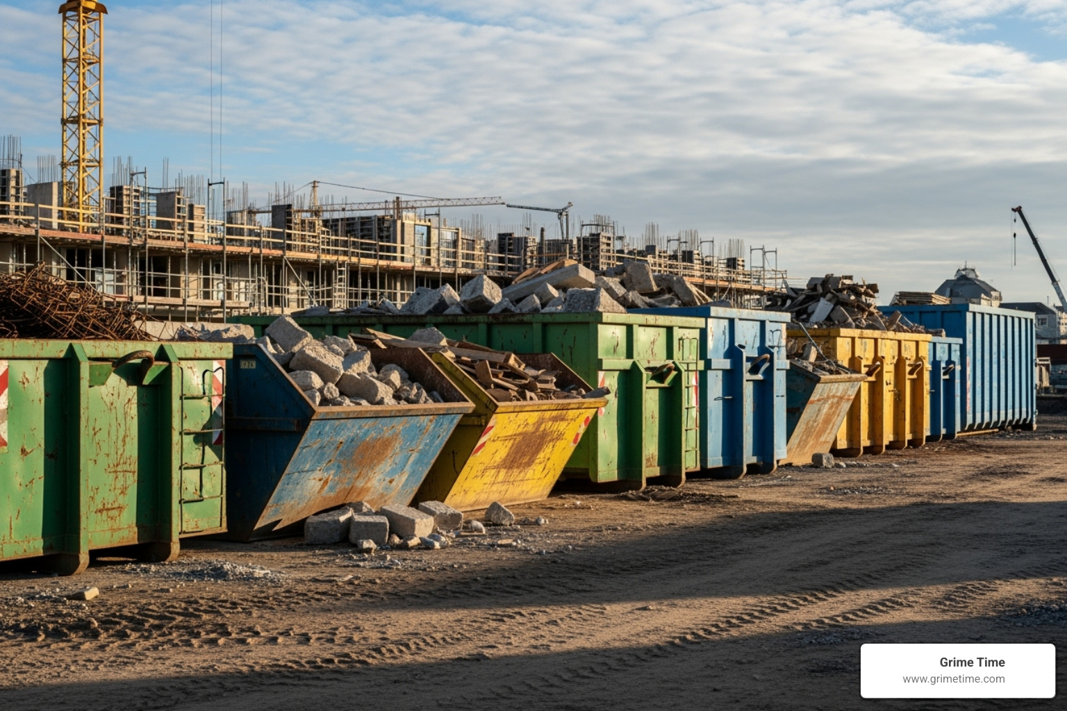 Construction dumpsters of various sizes lined up - construction dumpster rental elgin