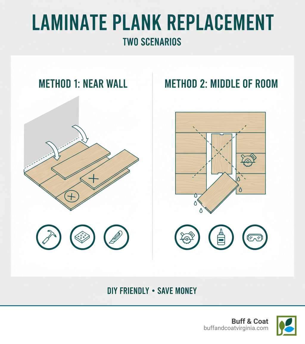 Infographic showing two scenarios for laminate plank replacement: Method 1 shows removing planks from the wall with baseboards removed and planks being lifted sequentially, Method 2 shows cutting out a middle plank with circular saw cuts and glue installation of replacement plank - replacing laminate wood planks infographic Infographic showing two scenarios for laminate plank replacement: Method 1 shows removing planks from the wall with baseboards removed and planks being lifted sequentially, Method 2 shows cutting out a middle plank with circular saw cuts and glue installation of replacement plank - replacing laminate wood planks infographic
