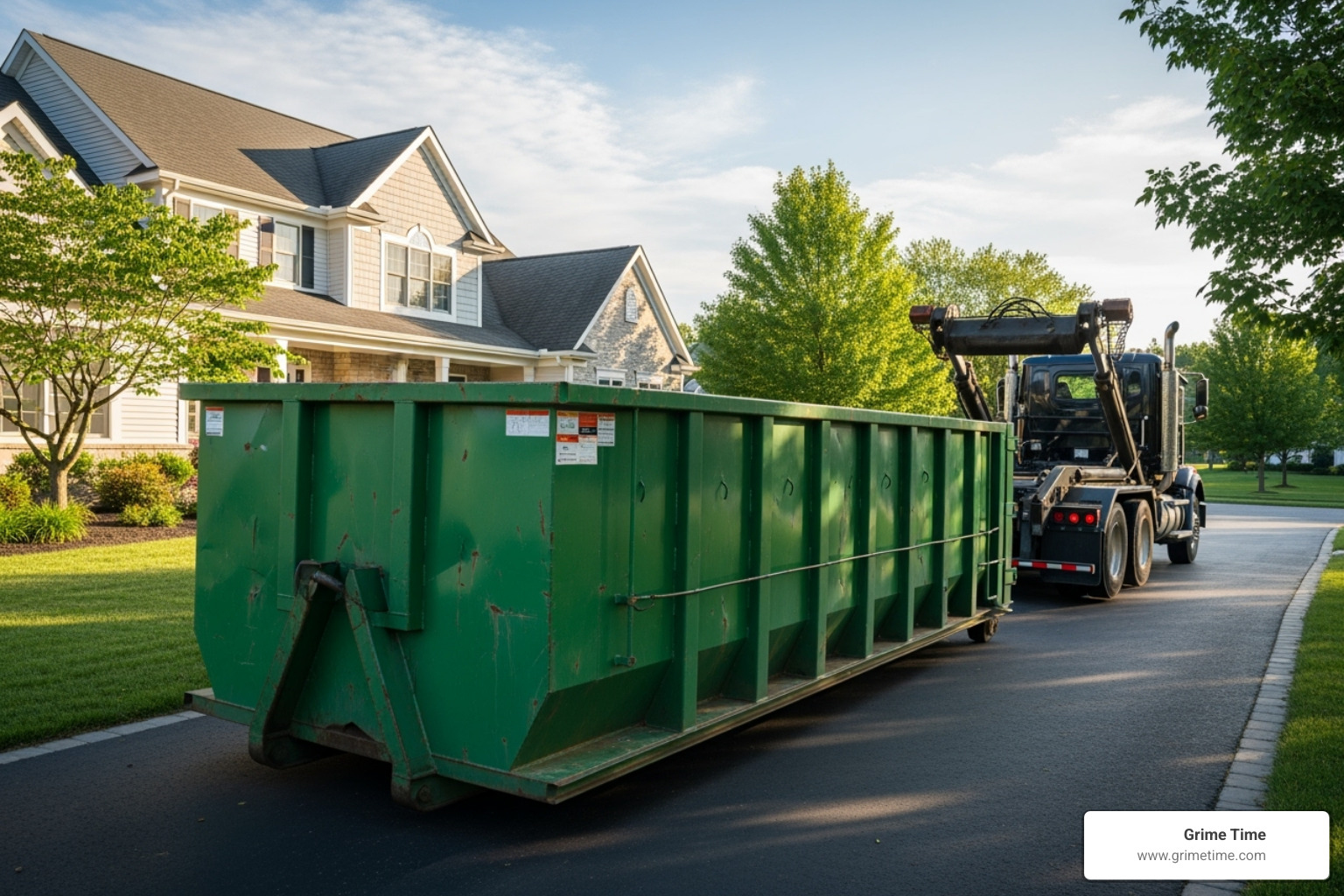 a roll-off dumpster being delivered to a residential home - Home cleanout dumpster
