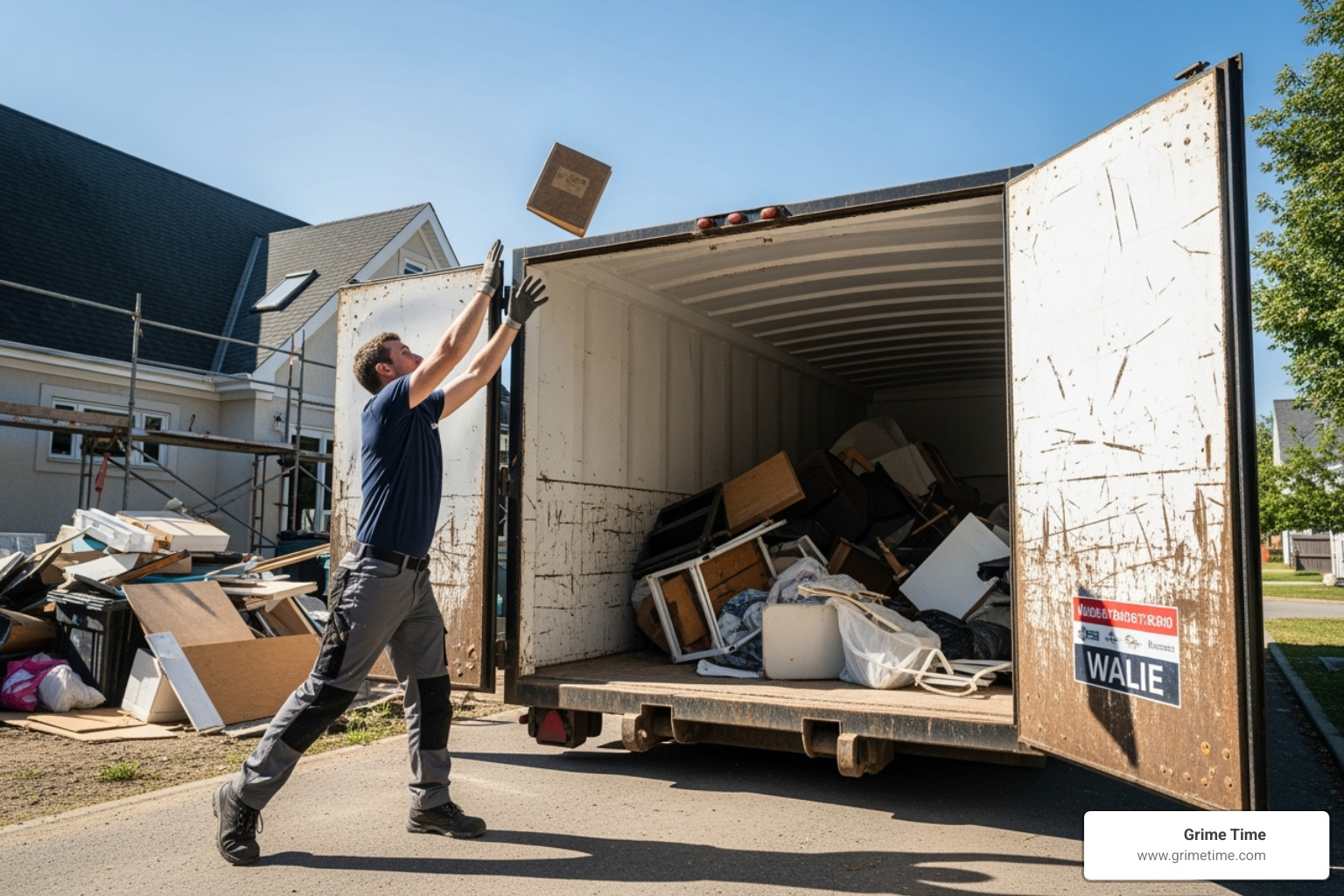 a person easily tossing an item into a dumpster with a walk-in door - Home cleanout dumpster