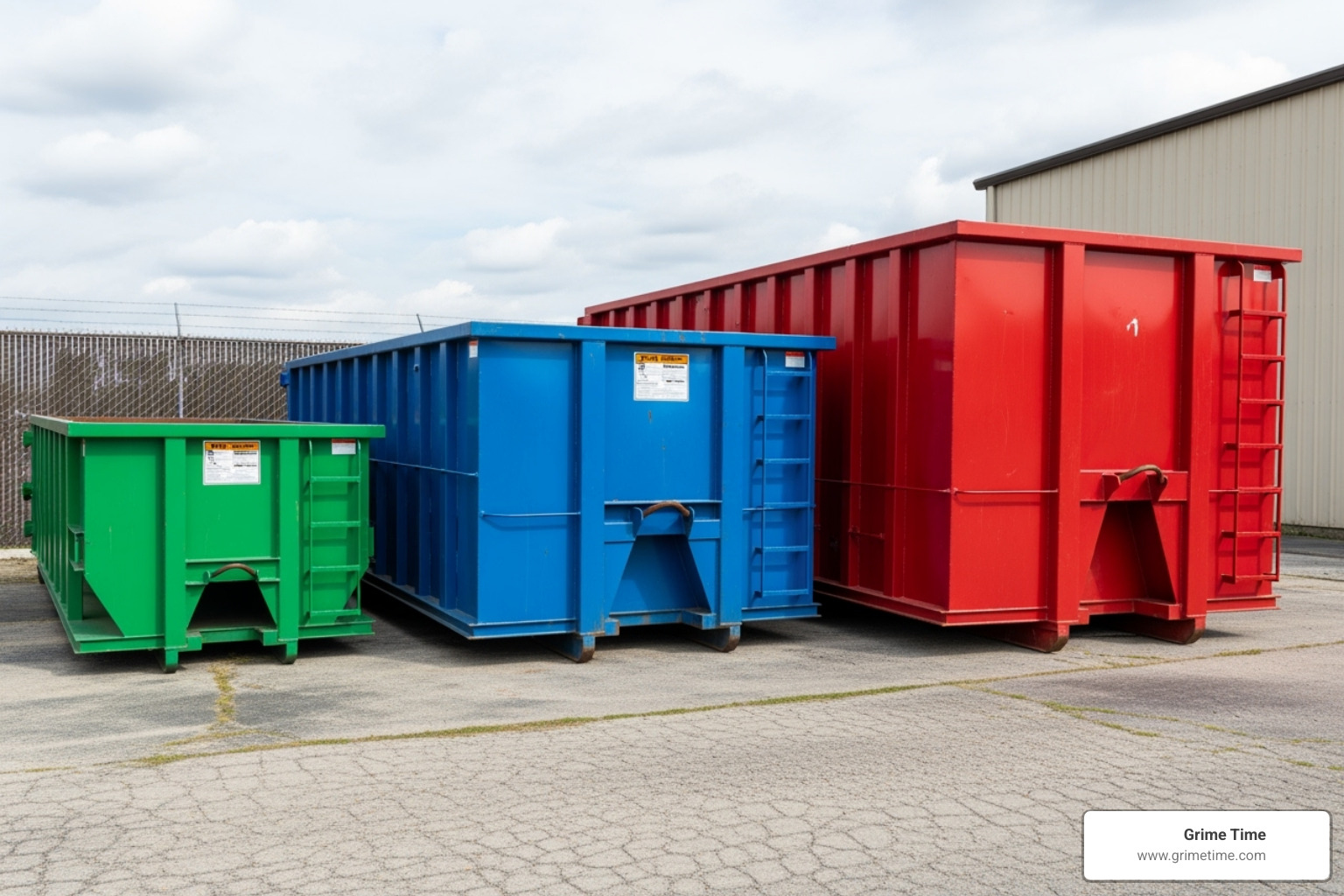 a lineup of different sized dumpsters (10, 20, 30 yard) with labels - Home cleanout dumpster