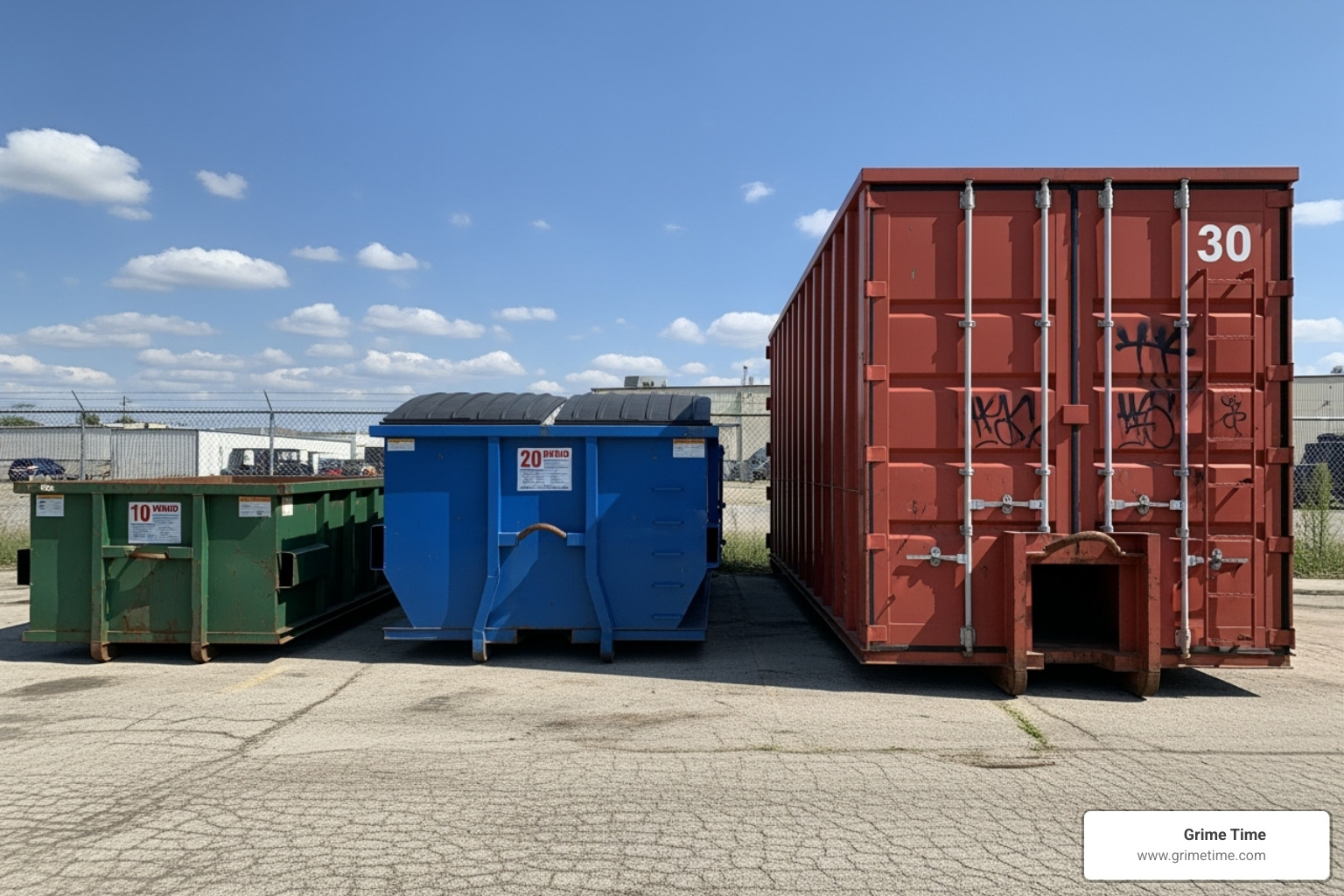 Different sized dumpsters (10, 20, 30-yard) lined up for comparison - elgin residential dumpster rental