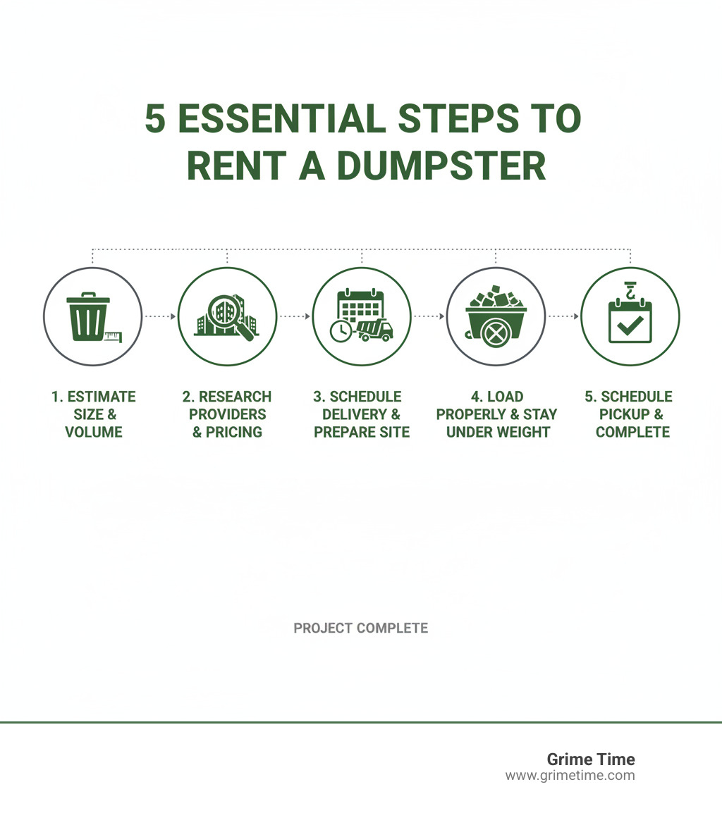 Infographic showing the 5 essential steps to rent a dumpster: 1) Estimate your debris volume and choose the right size, 2) Research local providers and compare pricing, 3) Schedule delivery and prepare your site, 4) Load materials properly without exceeding weight limits, 5) Schedule pickup when your project is complete - where can i rent a dumpster infographic 