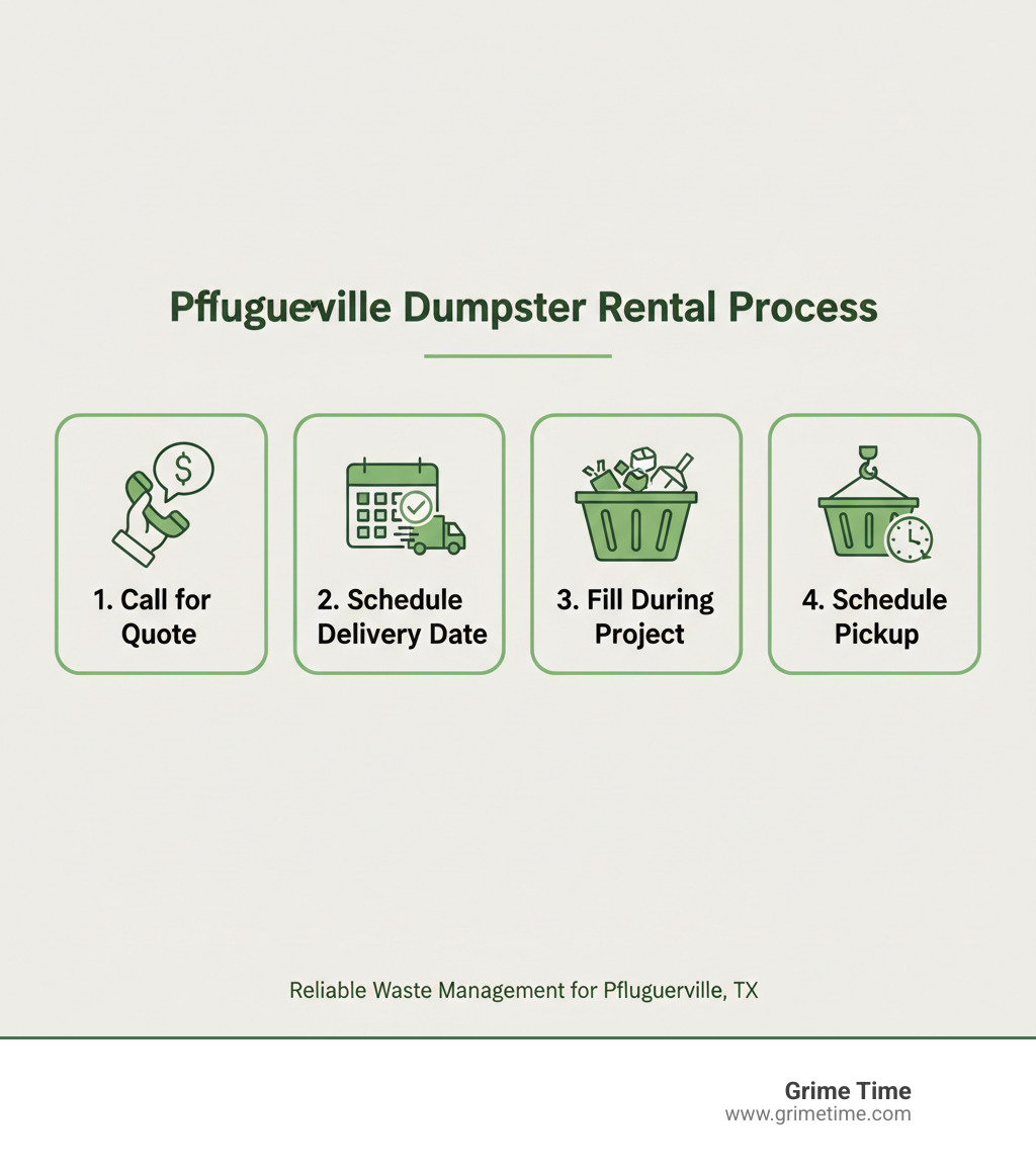 Pflugerville dumpster rental process showing four steps: call for quote, schedule delivery date, fill dumpster during project, and schedule pickup when complete - Dumpster Rental Pflugerville infographic 