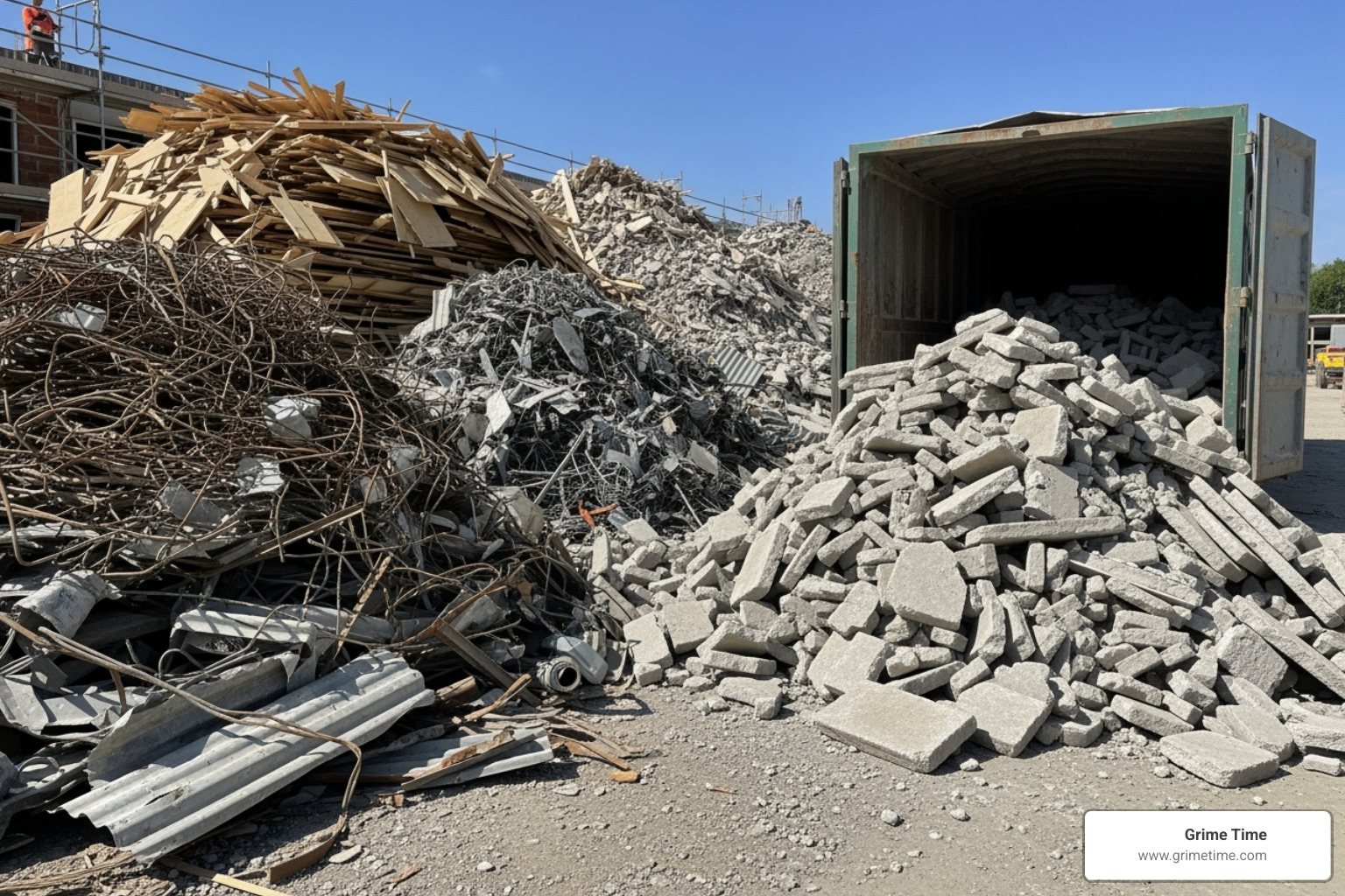 image of sorted debris next to a dumpster (e.g., pile of wood, pile of metal) - dumpster rental manor tx