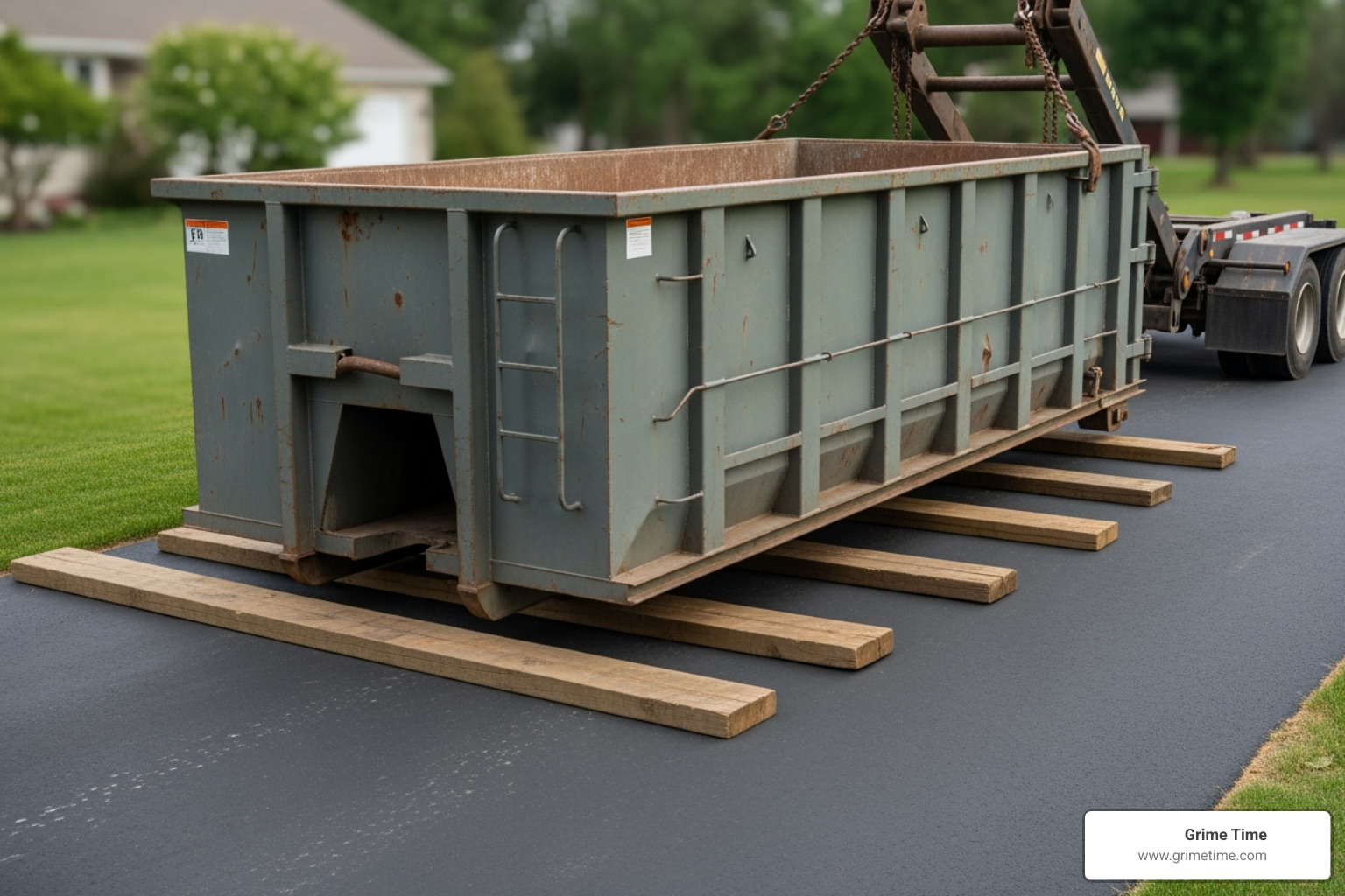 image of a dumpster being carefully placed on a driveway with protective boards underneath - dumpster rental manor tx