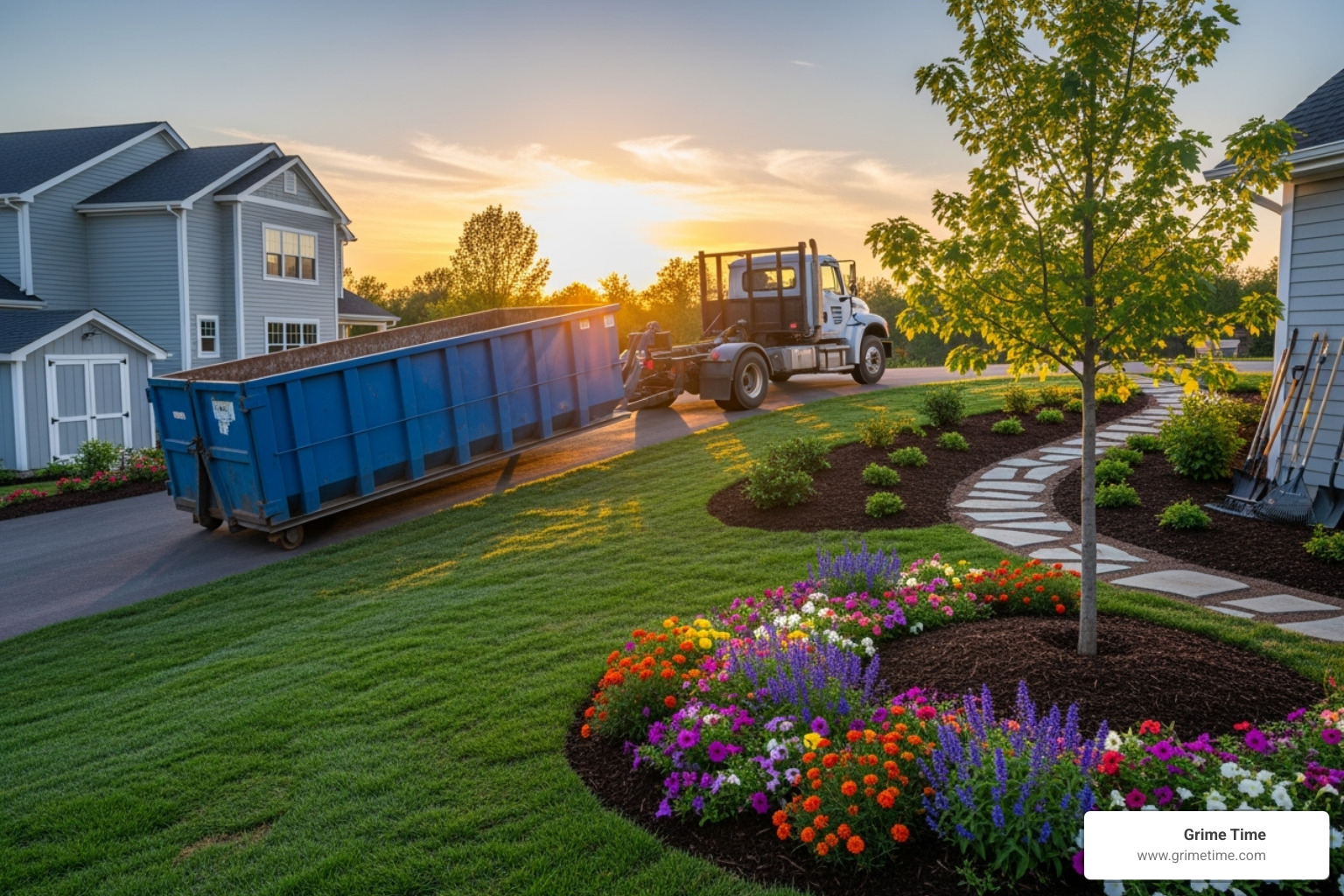 Image of a completed project with a clean yard and a dumpster being hauled away. - Dumpster Rental Pflugerville