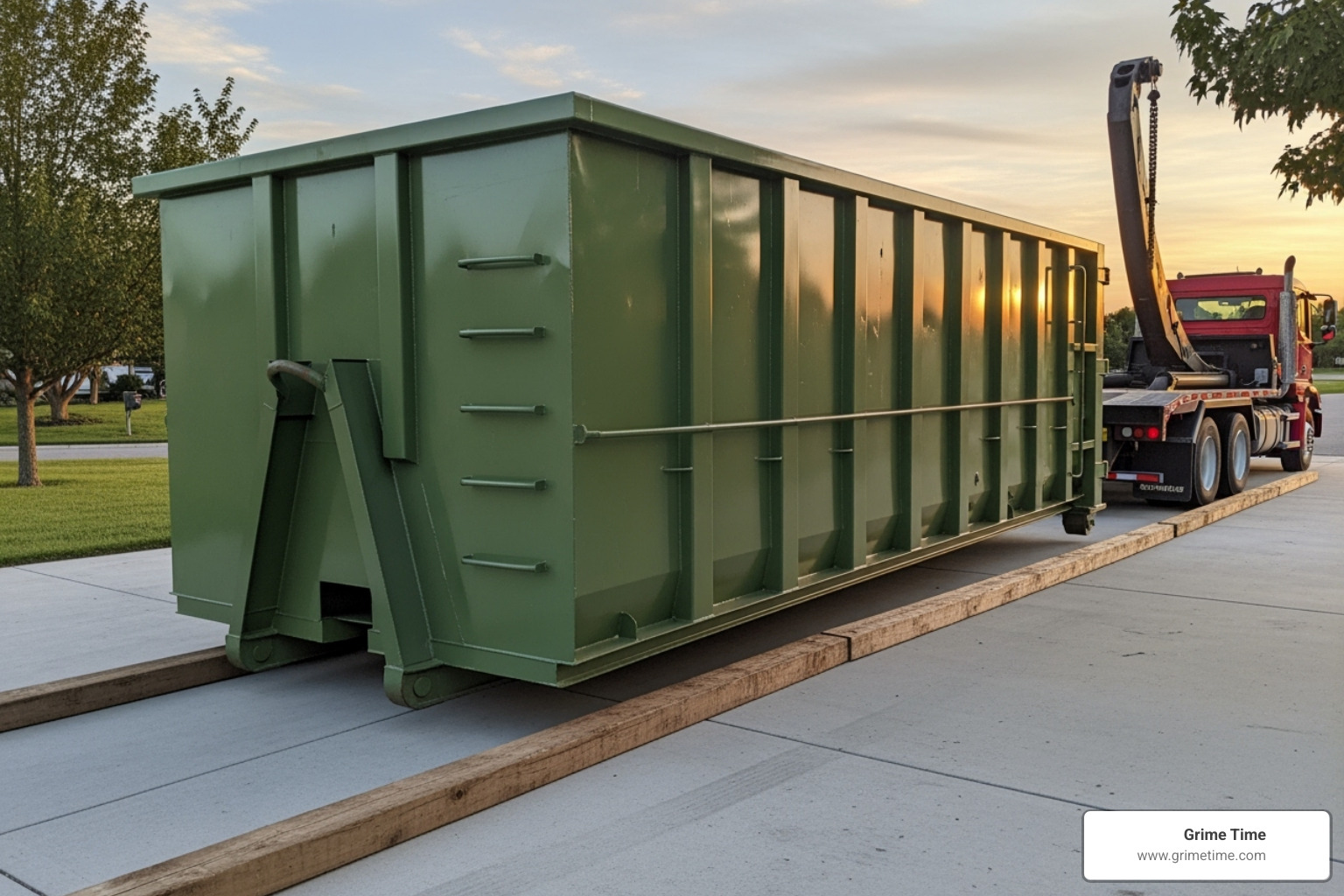 Dumpster being carefully placed on a driveway with protective boards - Dumpster rental Liberty Hill