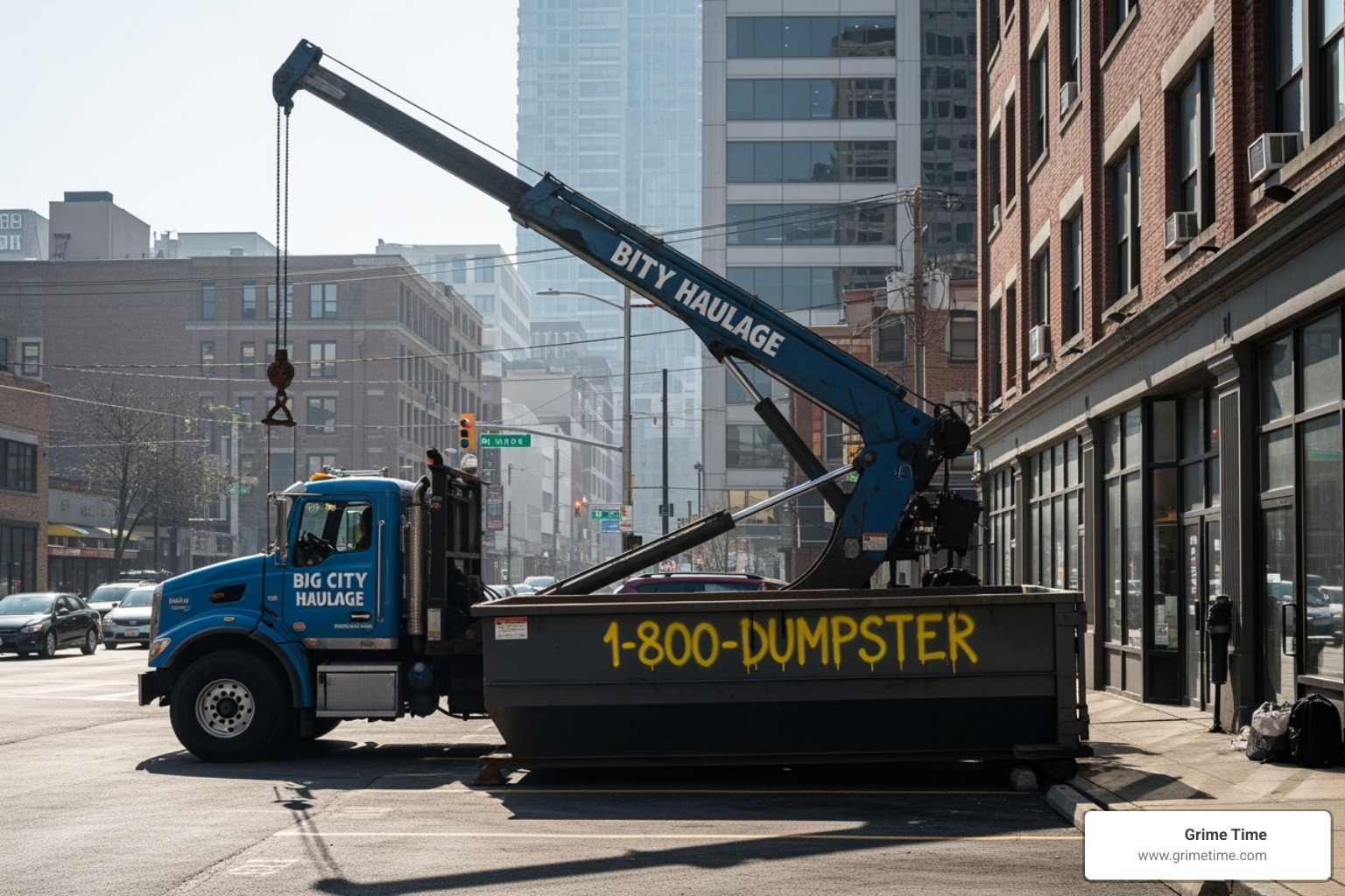 Grime Time dumpster being delivered by a hook-lift truck to a commercial property - cedar park commercial dumpster rentals