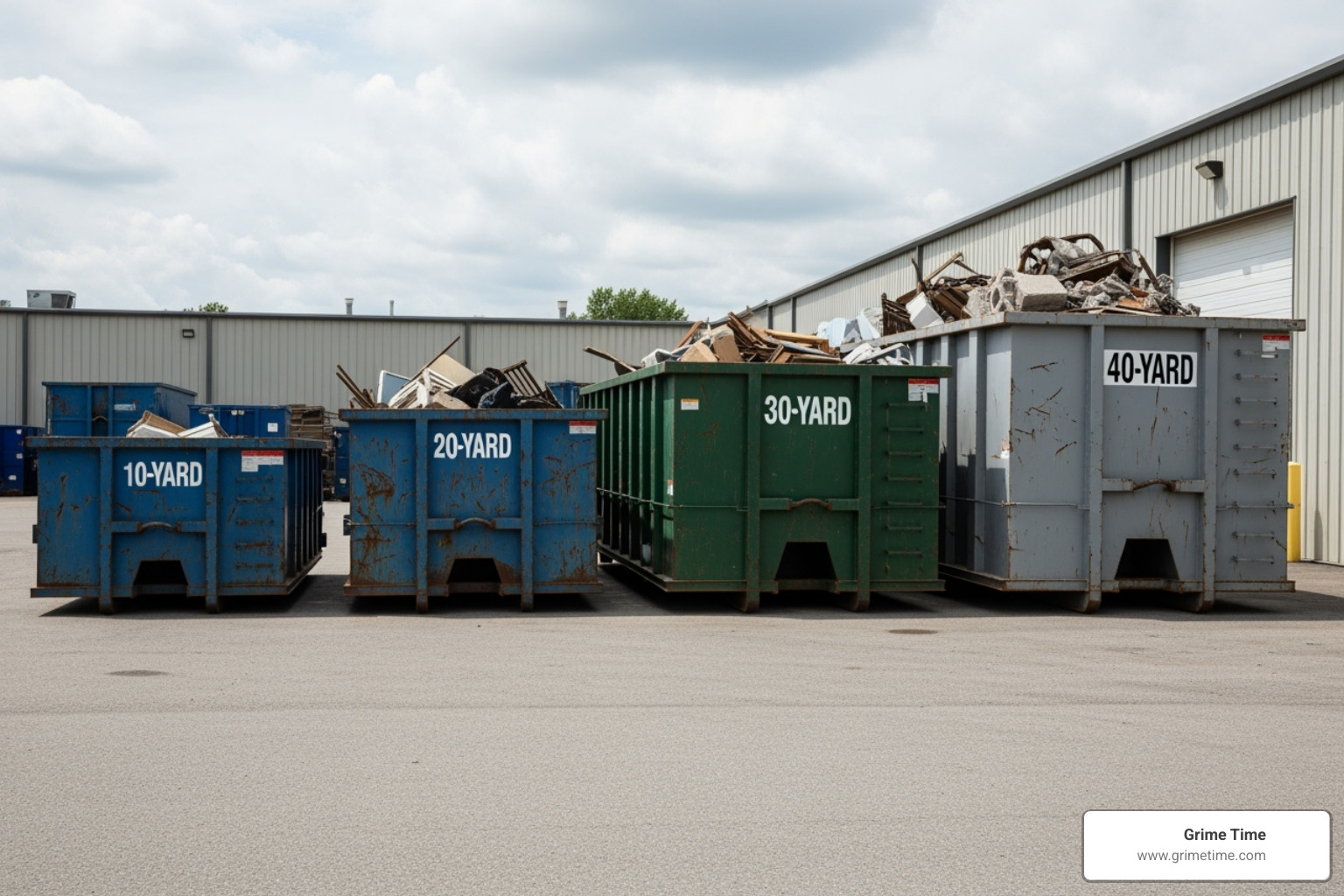 different Grime Time roll-off dumpster sizes (10, 20, 30, 40-yard) side-by-side for comparison - cedar park commercial dumpster rentals
